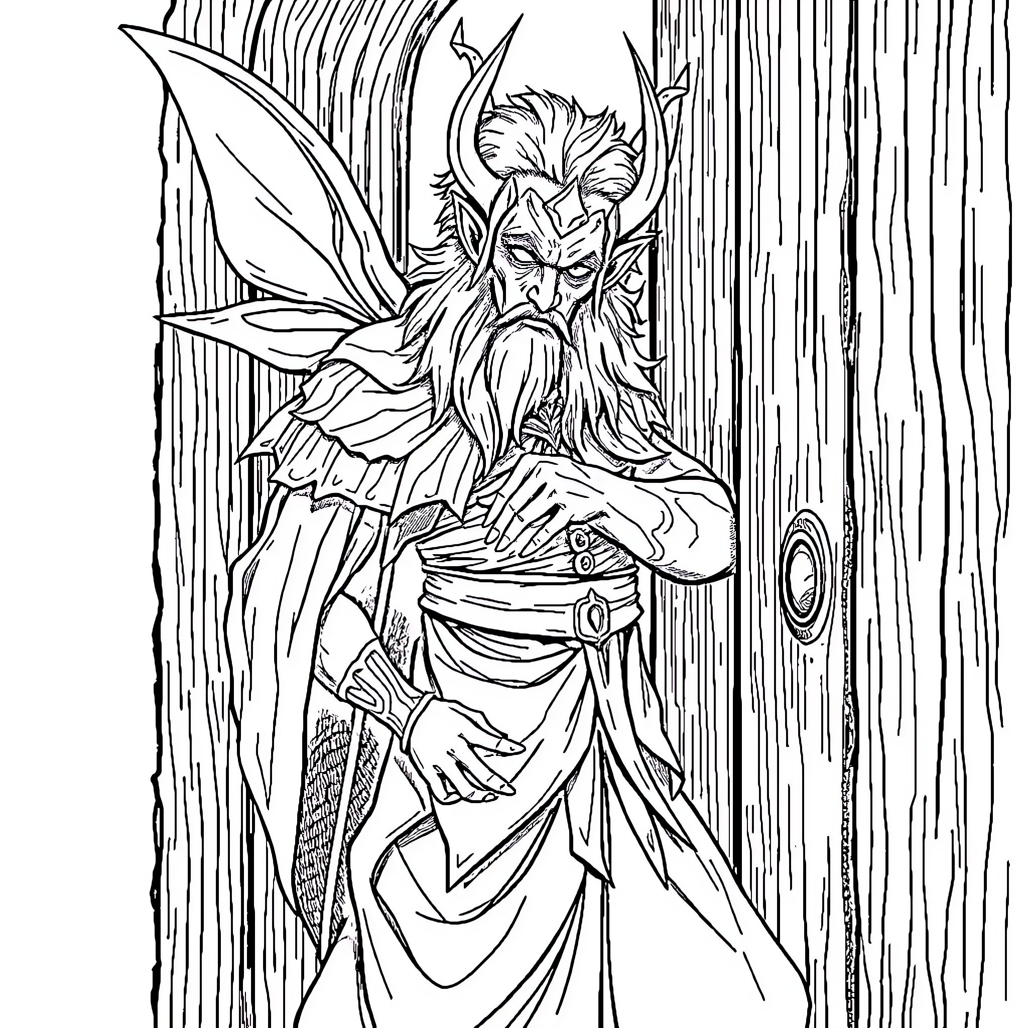 Fairy Warrior Emerging from the Forest Coloring Page (free black-and-white line drawing printable PDF for all, from beginners to advanced learners, including children, teens, adults, and seniors)