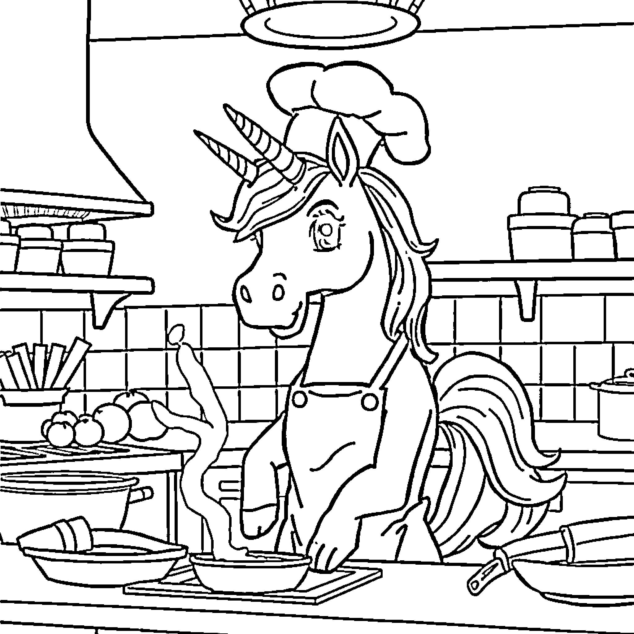 Unicorn Chef Preparing a Delightful Meal in the Kitchen Coloring Page (free black-and-white line drawing printable PDF for all, from beginners to advanced learners, including children, teens, adults, and seniors)