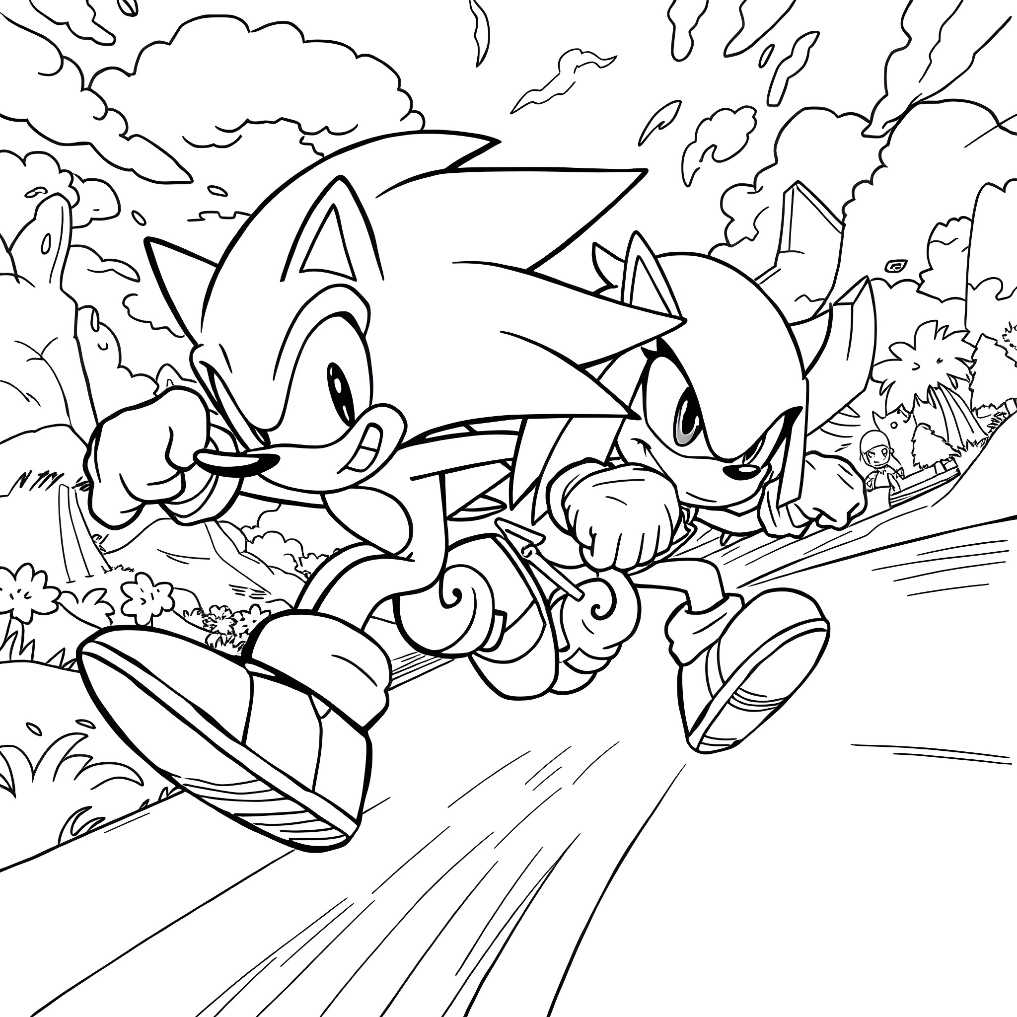 Sonic and Tails racing through a dynamic landscape Coloring Page (free black-and-white line drawing printable PDF for all, from beginners to advanced learners, including children, teens, adults, and seniors)