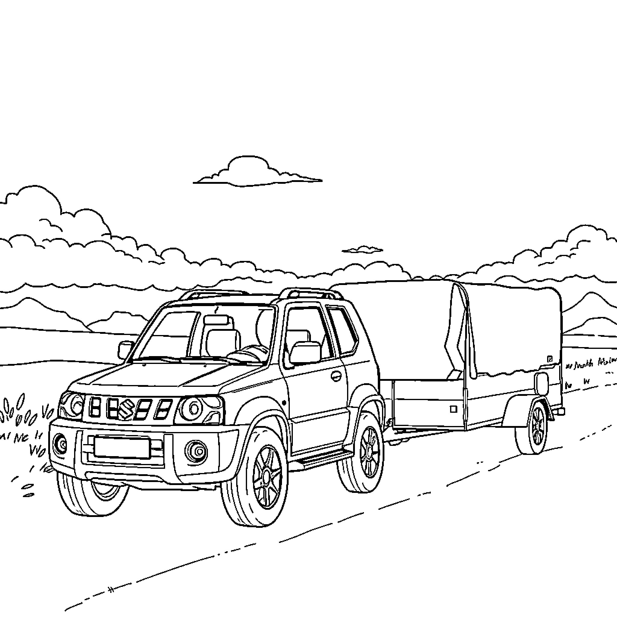 Suzuki Vitara driving with trailer on country road Coloring Page (free black-and-white line drawing printable PDF for all, from beginners to advanced learners, including children, teens, adults, and seniors)