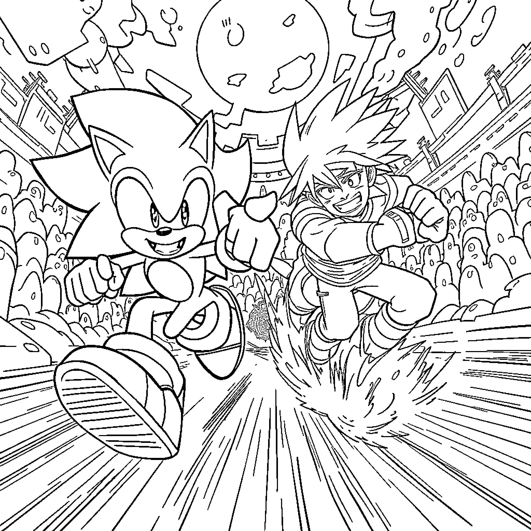 Sonic and characters in action-packed scene Coloring Page (free black-and-white line drawing printable PDF for all, from beginners to advanced learners, including children, teens, adults, and seniors)