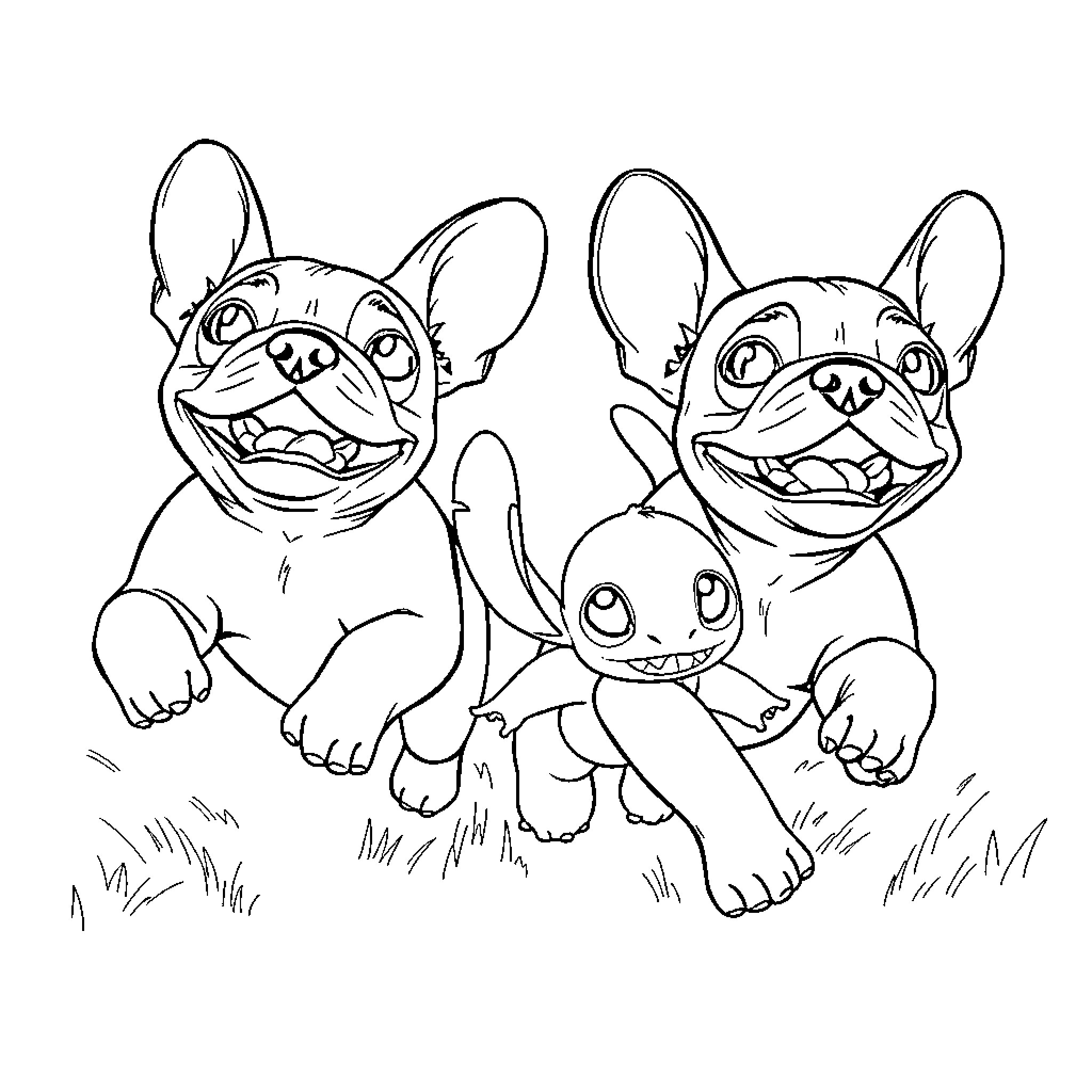 French Bulldog friends playing happily outdoors Coloring Page (free black-and-white line drawing printable PDF for all, from beginners to advanced learners, including children, teens, adults, and seniors)