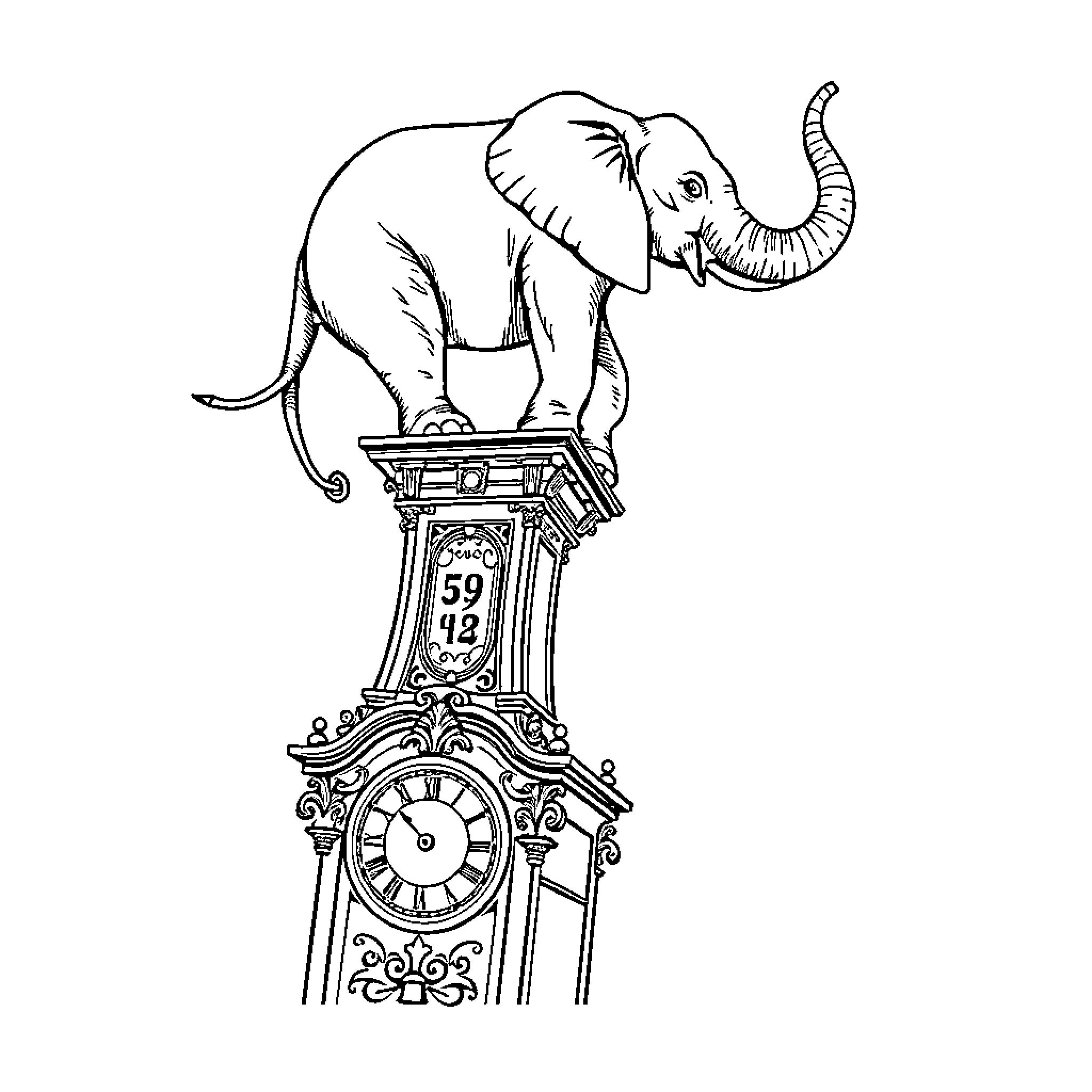 Elephant atop an ornate grandfather clock Coloring Page (free black-and-white line drawing printable PDF for all, from beginners to advanced learners, including children, teens, adults, and seniors)