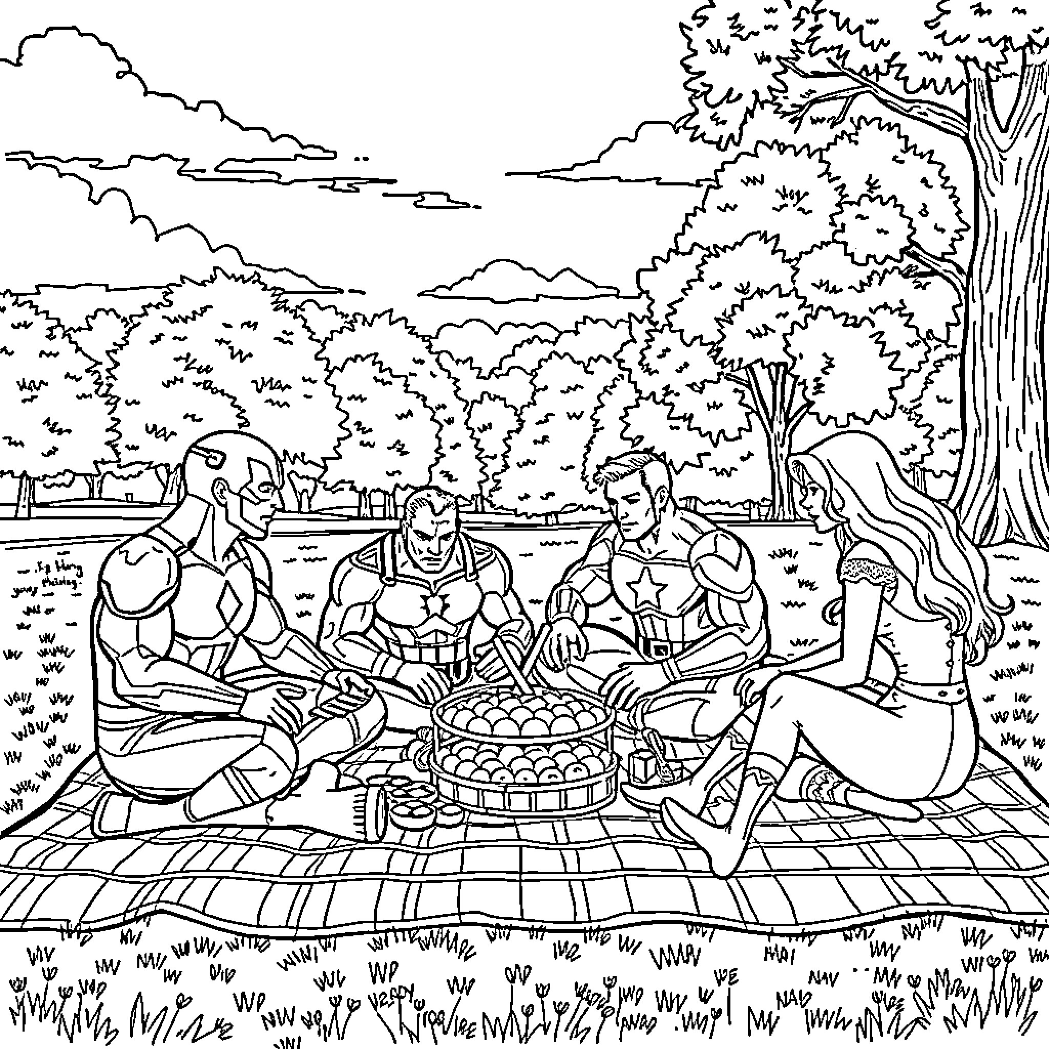Avengers Enjoying a Picnic in the Countryside Coloring Page (free black-and-white line drawing printable PDF for all, from beginners to advanced learners, including children, teens, adults, and seniors)