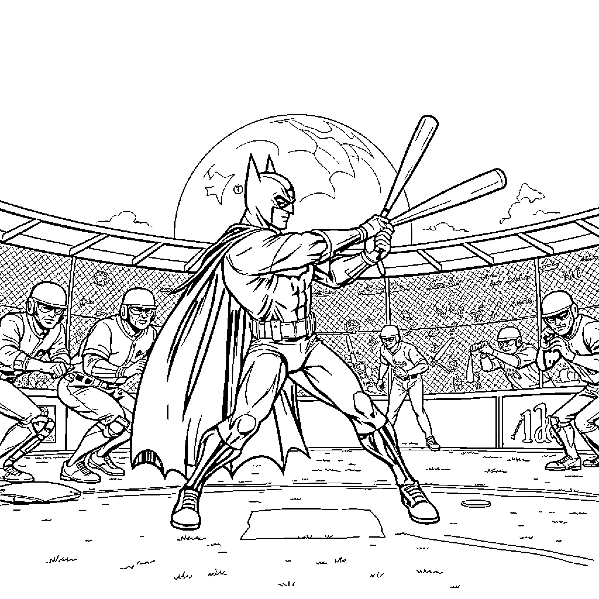 Batman battling enemies in a baseball stadium Coloring Page (free black-and-white line drawing printable PDF for all, from beginners to advanced learners, including children, teens, adults, and seniors)