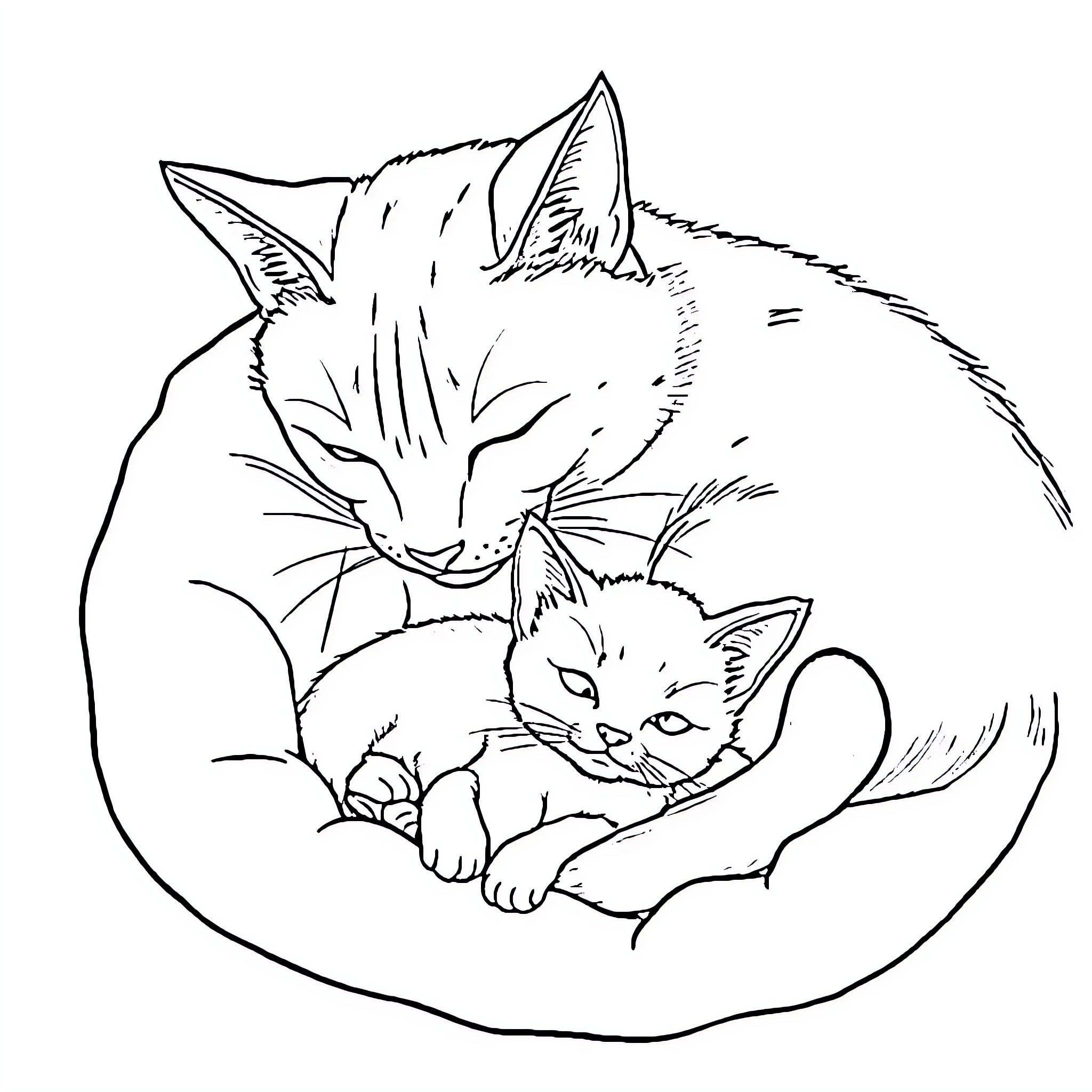 Cat and kitten cuddling in cozy spot Coloring Page (free black-and-white line drawing printable PDF for all, from beginners to advanced learners, including children, teens, adults, and seniors)