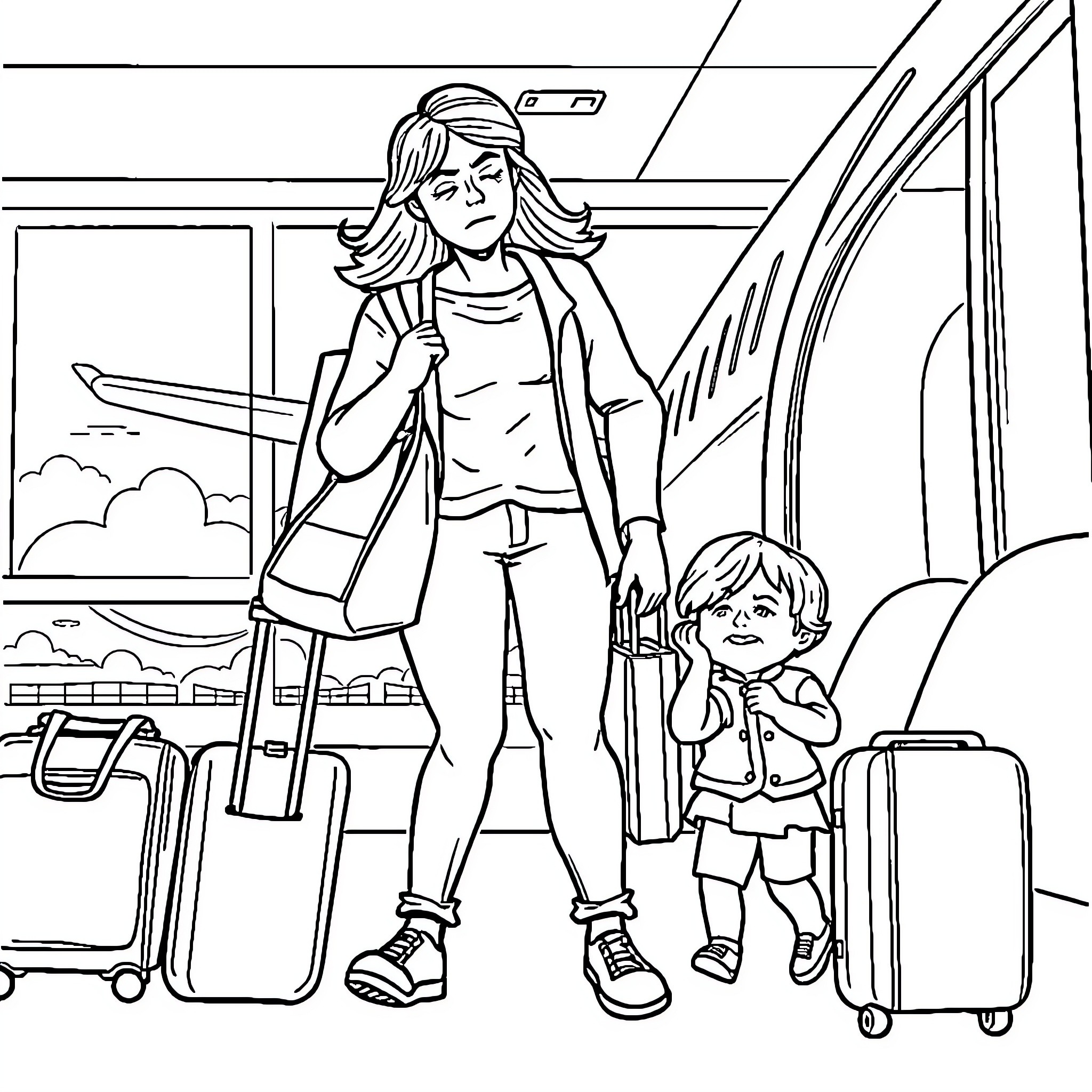 Mom and child waiting at airport Coloring Page (free black-and-white line drawing printable PDF for all, from beginners to advanced learners, including children, teens, adults, and seniors)