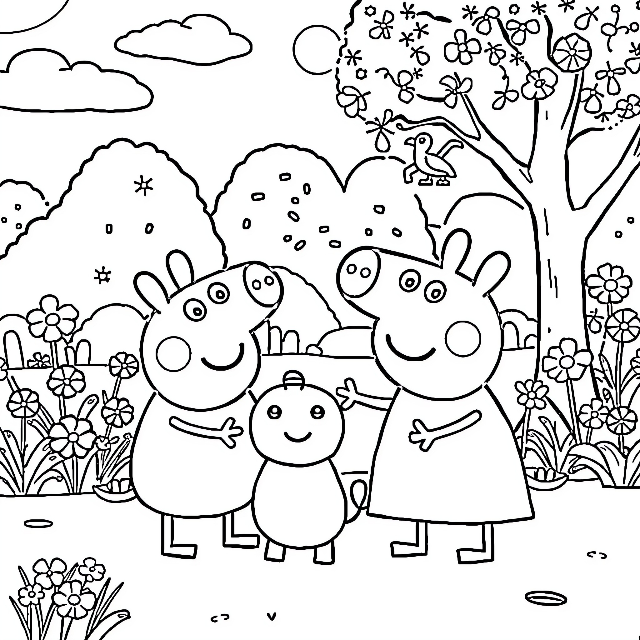 Peppa Pig family strolling in the garden Coloring Page (free black-and-white line drawing printable PDF for all, from beginners to advanced learners, including children, teens, adults, and seniors)