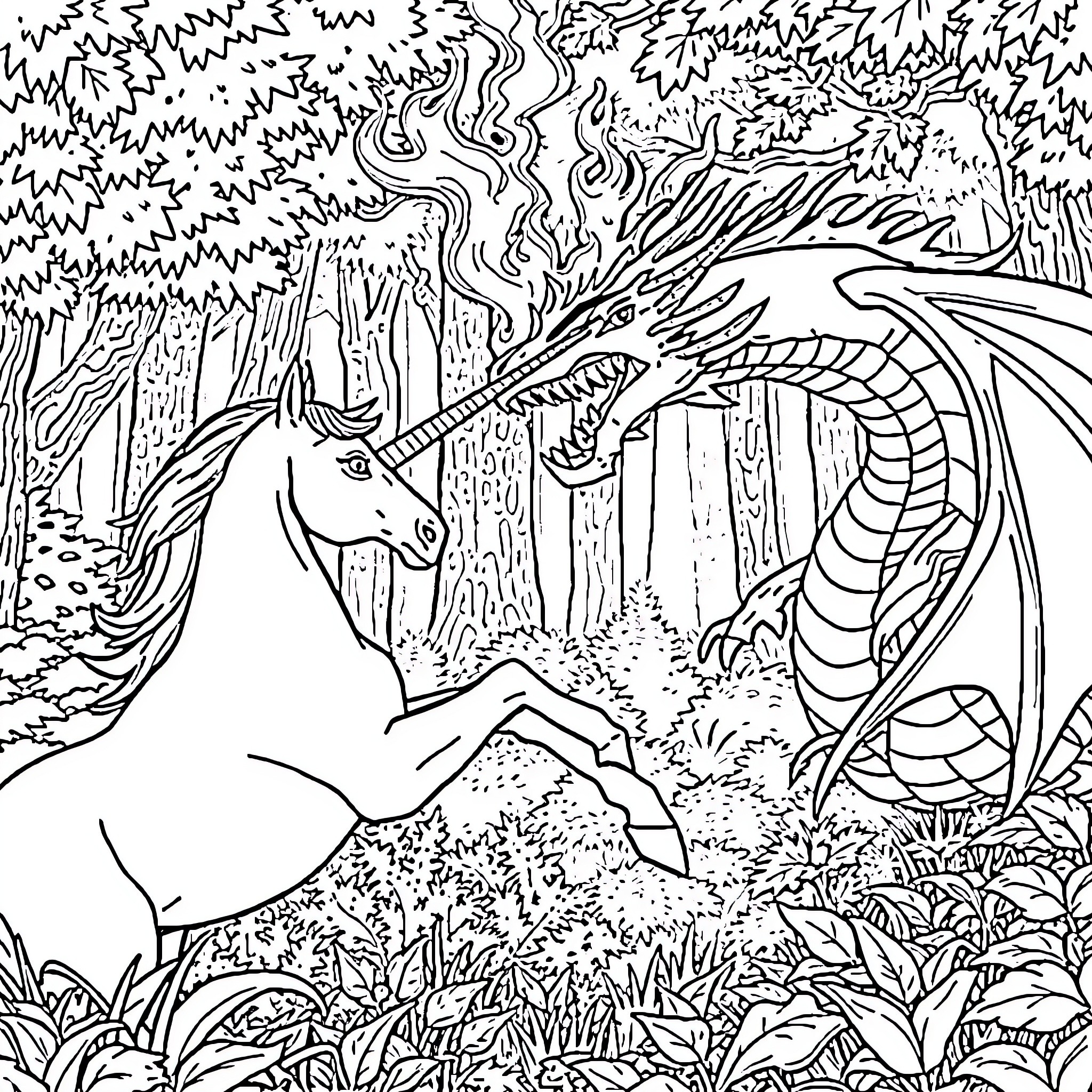 Unicorn and dragon in magical forest Coloring Page (free black-and-white line drawing printable PDF for all, from beginners to advanced learners, including children, teens, adults, and seniors)