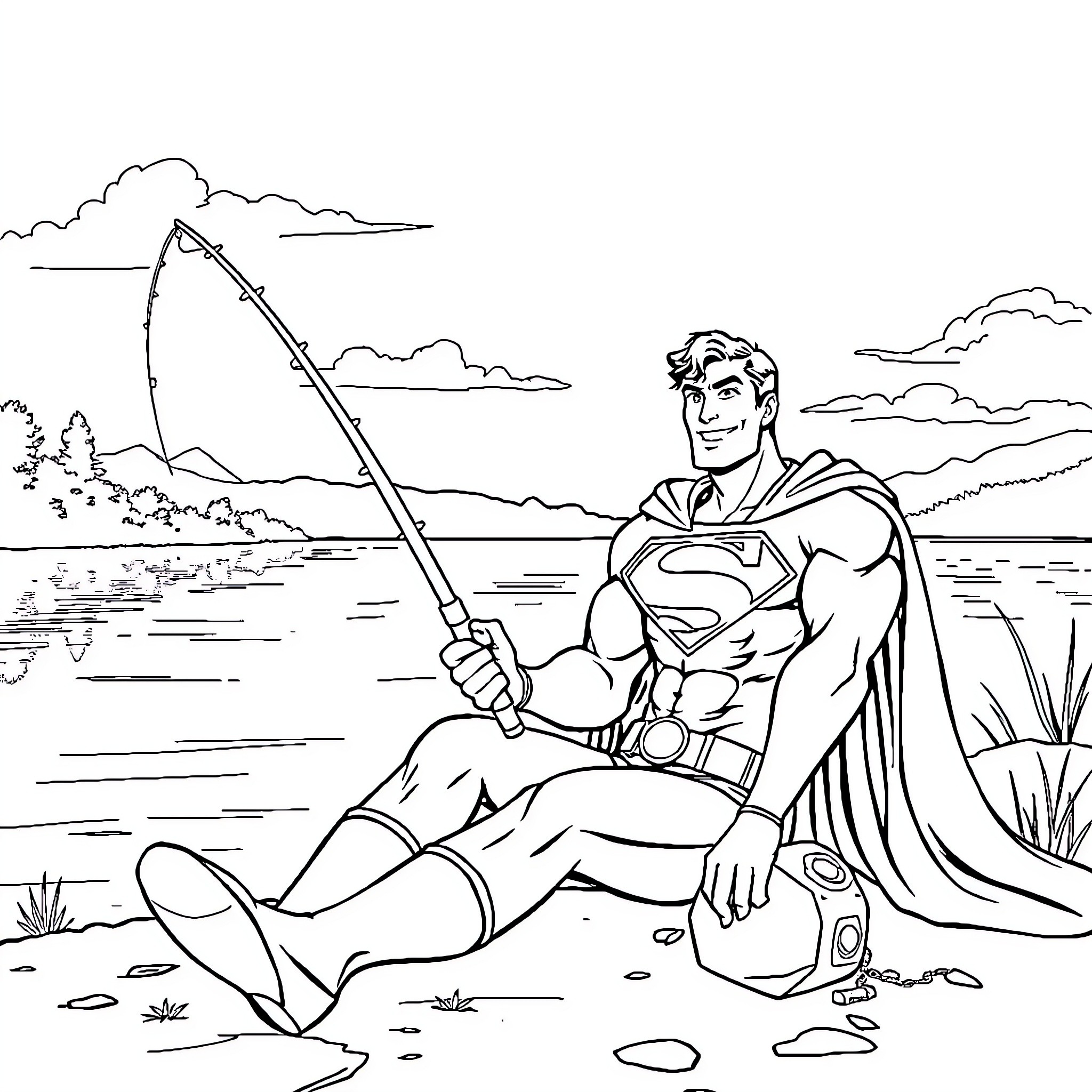 Superman fishing in the serene countryside Coloring Page (free black-and-white line drawing printable PDF for all, from beginners to advanced learners, including children, teens, adults, and seniors)