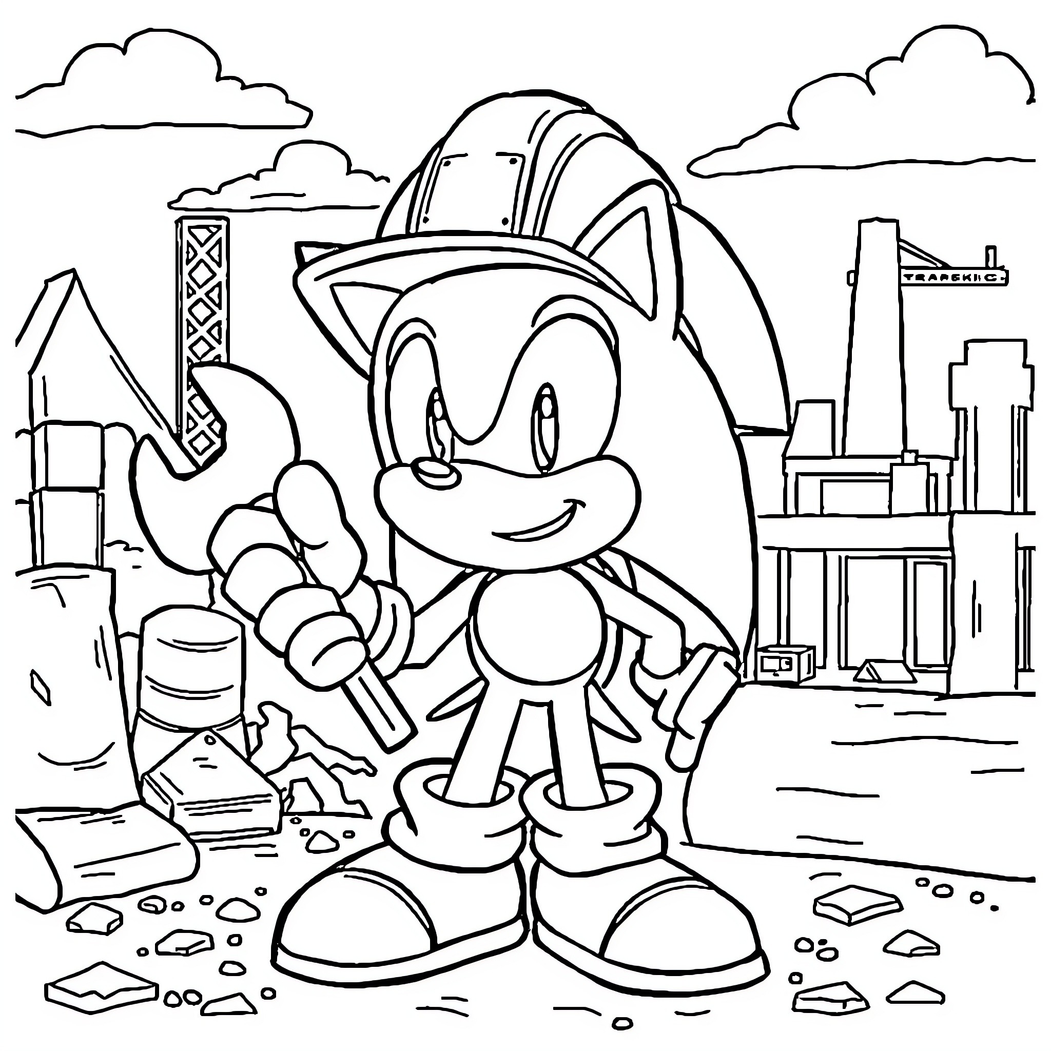 Sonic the Hedgehog exploring the city Coloring Page (free black-and-white line drawing printable PDF for all, from beginners to advanced learners, including children, teens, adults, and seniors)