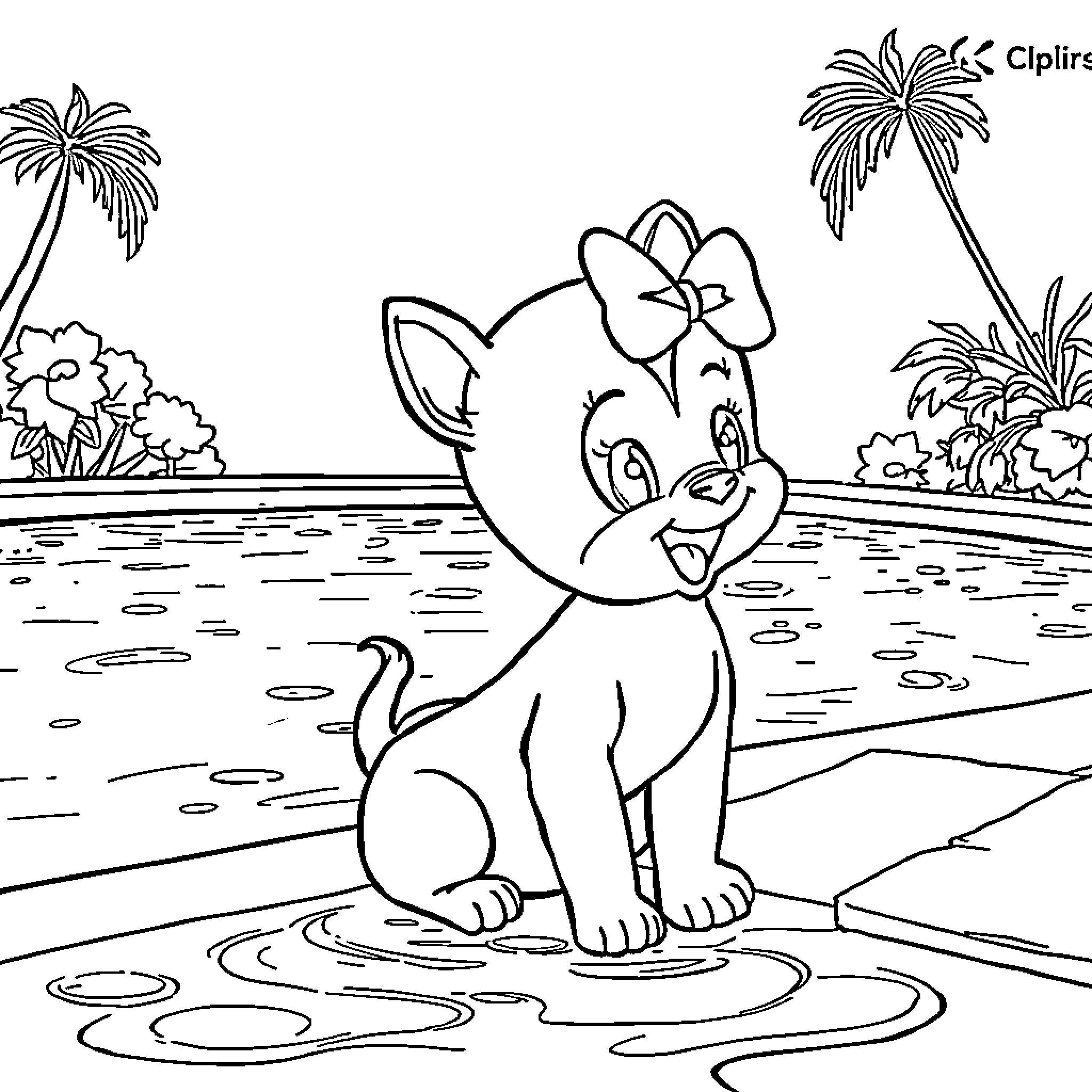 Tchoupie enjoying a day at the beach Coloring Page (free black-and-white line drawing printable PDF for all, from beginners to advanced learners, including children, teens, adults, and seniors)
