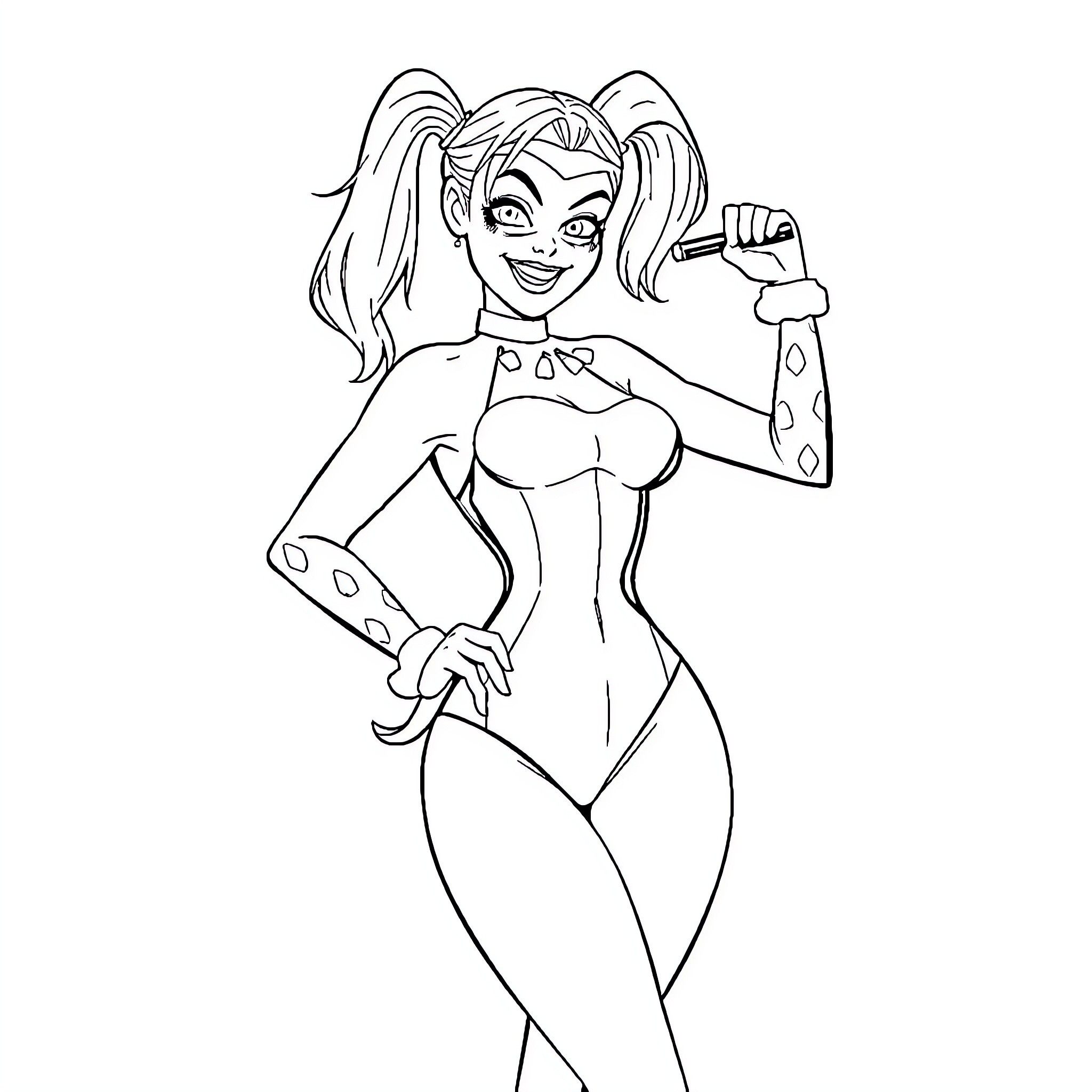 Harley Quinn striking a confident pose Coloring Page (free black-and-white line drawing printable PDF for all, from beginners to advanced learners, including children, teens, adults, and seniors)