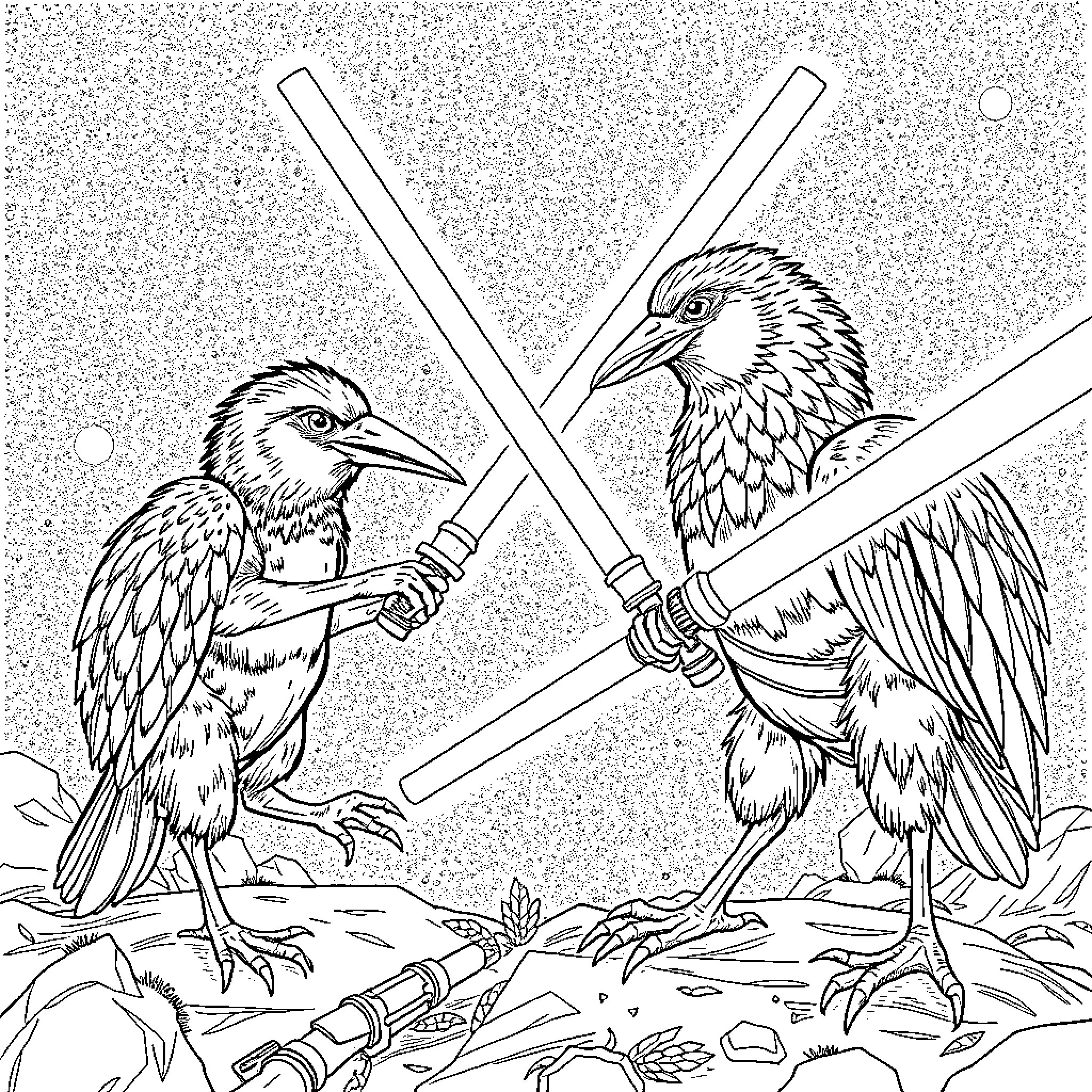 Bird Jedi Warriors Wielding Lightsabers Coloring Page (free black-and-white line drawing printable PDF for all, from beginners to advanced learners, including children, teens, adults, and seniors)