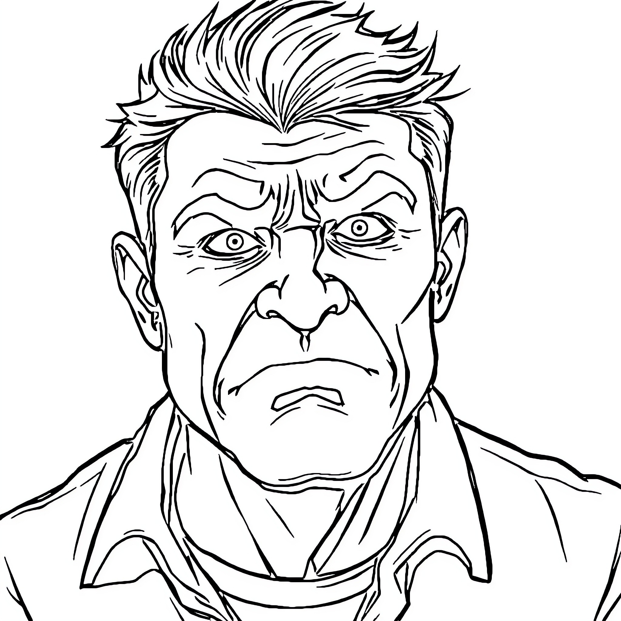 Man with Intense Expression and Messy Hair Coloring Page (free black-and-white line drawing printable PDF for all, from beginners to advanced learners, including children, teens, adults, and seniors)