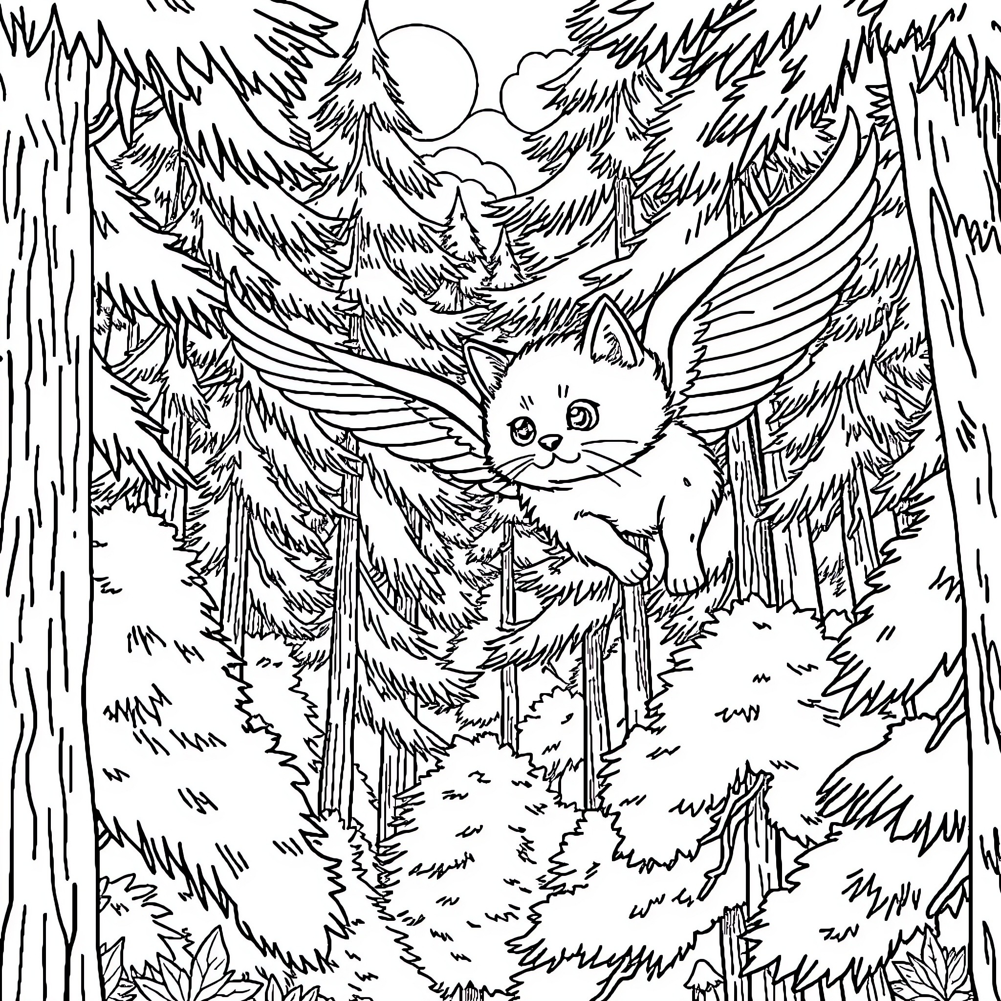 Flying Cat Soaring Through Enchanted Forest Coloring Page (free black-and-white line drawing printable PDF for all, from beginners to advanced learners, including children, teens, adults, and seniors)
