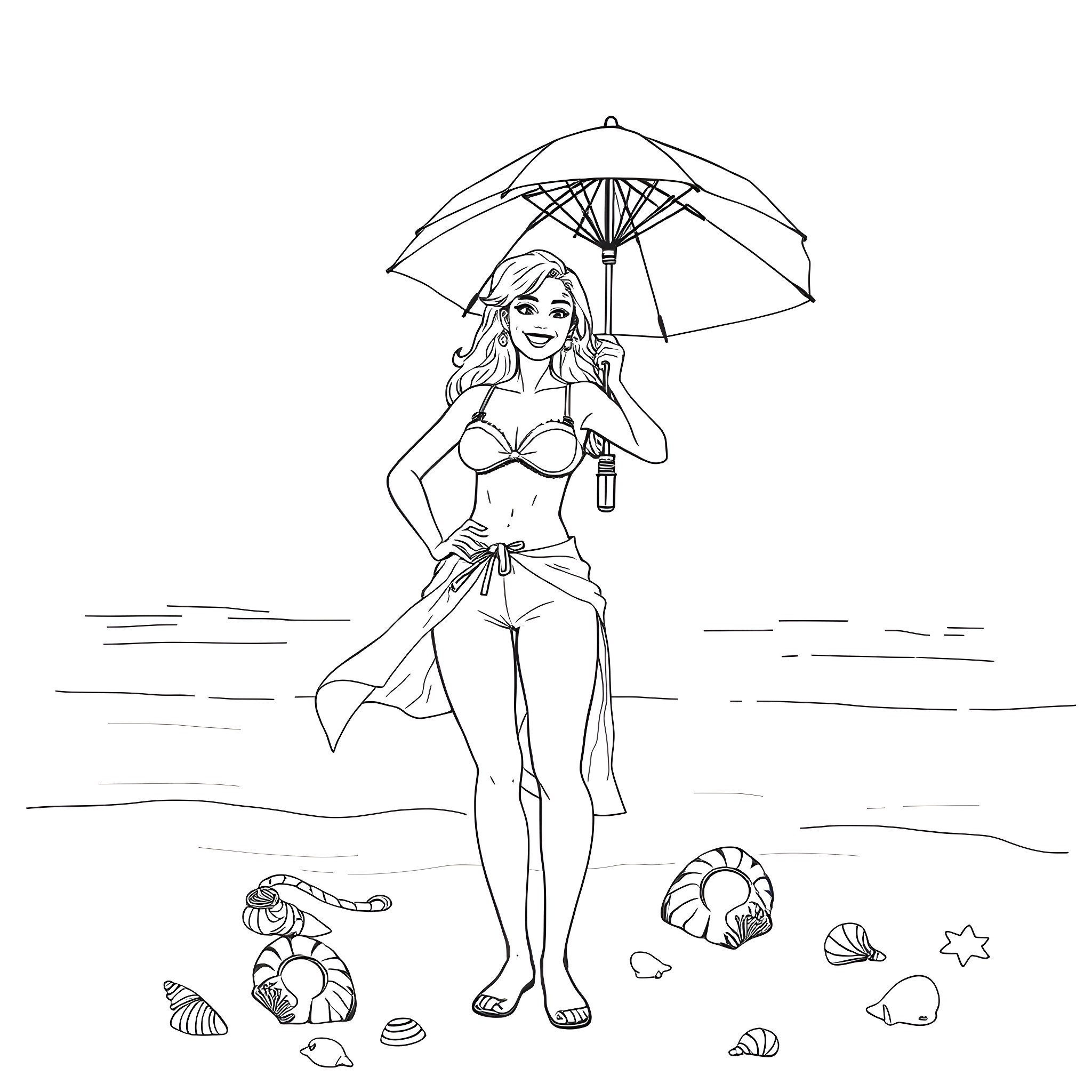 Woman on beach under umbrella Coloring Page (free black-and-white line drawing printable PDF for all, from beginners to advanced learners, including children, teens, adults, and seniors)