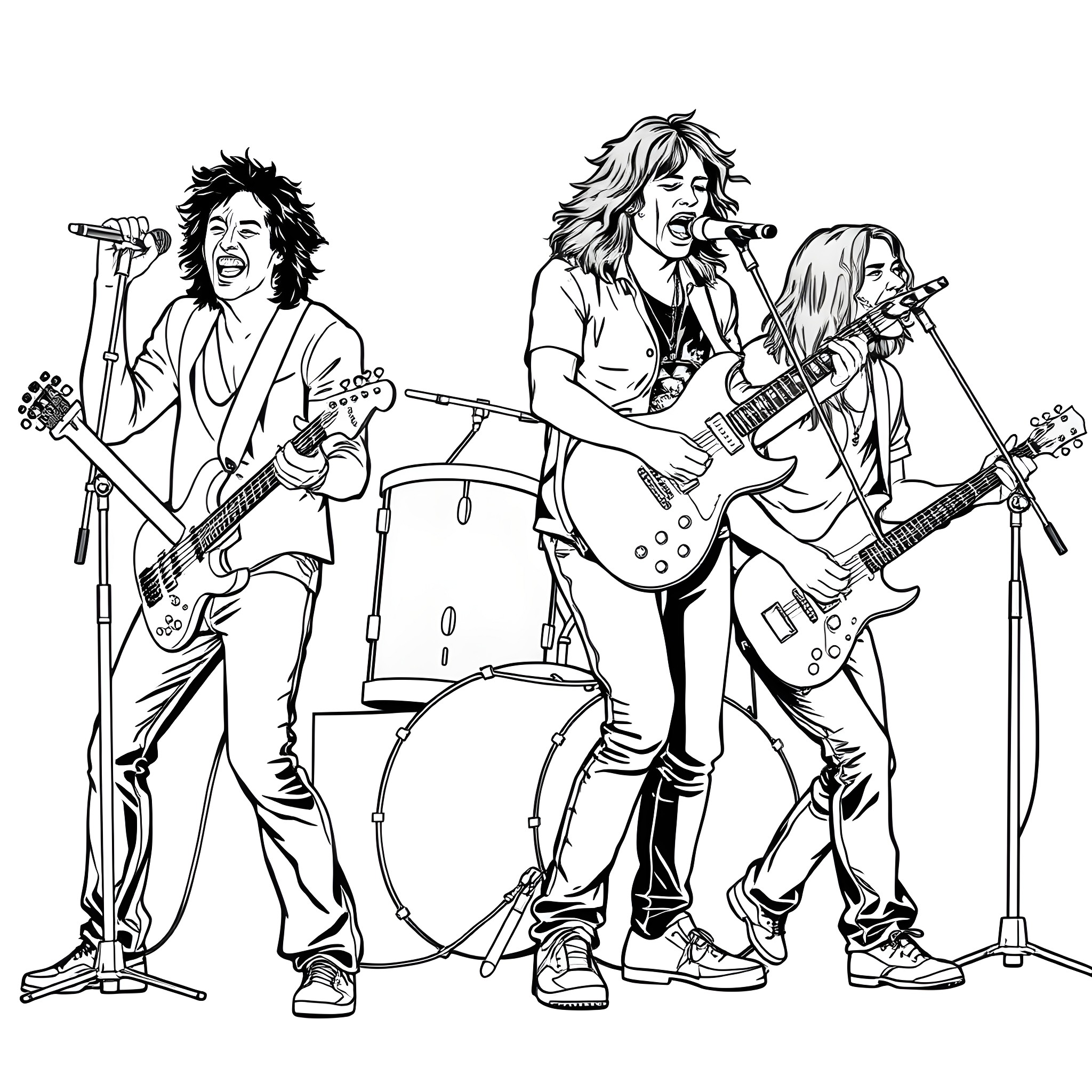 Musician Rock Band Performing on Stage Coloring Page (free black-and-white line drawing printable PDF for all, from beginners to advanced learners, including children, teens, adults, and seniors)