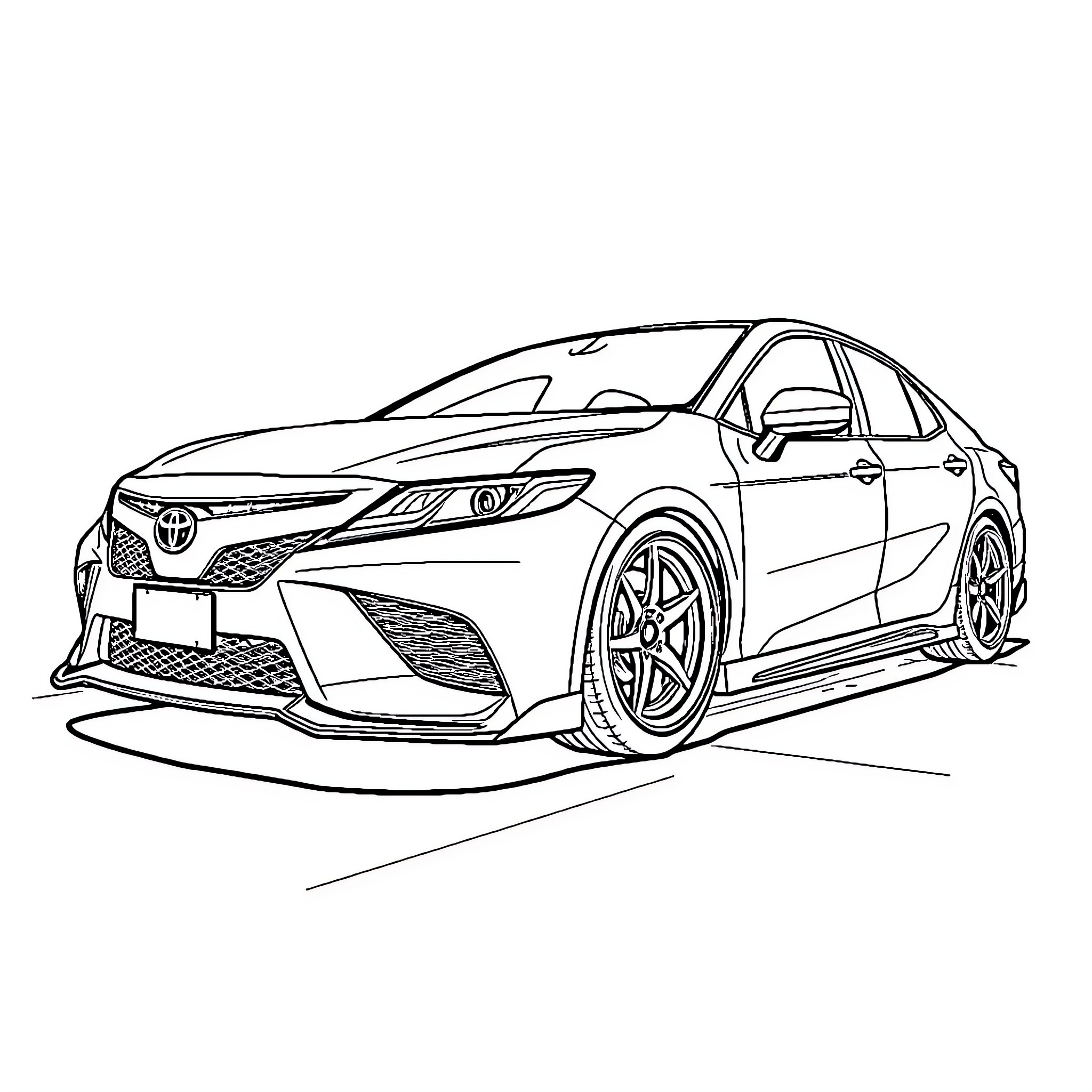 Camry sports car on the road Coloring Page (free black-and-white line drawing printable PDF for all, from beginners to advanced learners, including children, teens, adults, and seniors)