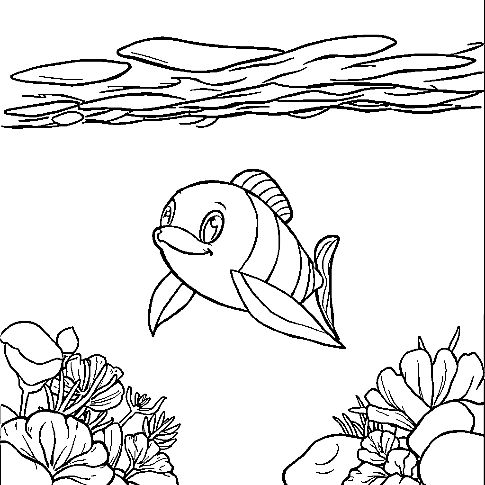 Bubu the happy fish swimming in the sea Coloring Page (free black-and-white line drawing printable PDF for all, from beginners to advanced learners, including children, teens, adults, and seniors)