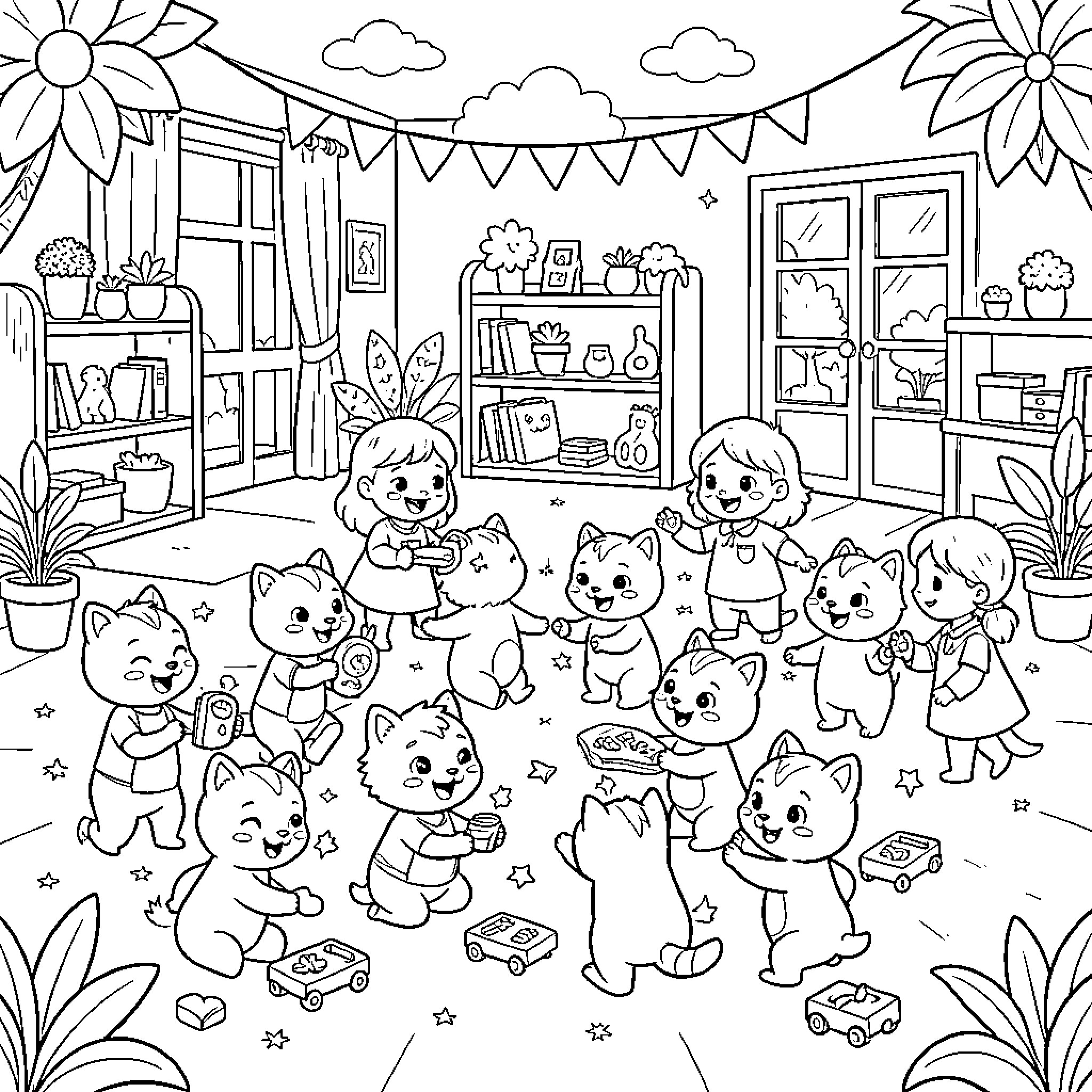 Micarfit children and kittens playing joyfully in a room Coloring Page (free black-and-white line drawing printable PDF for all, from beginners to advanced learners, including children, teens, adults, and seniors)