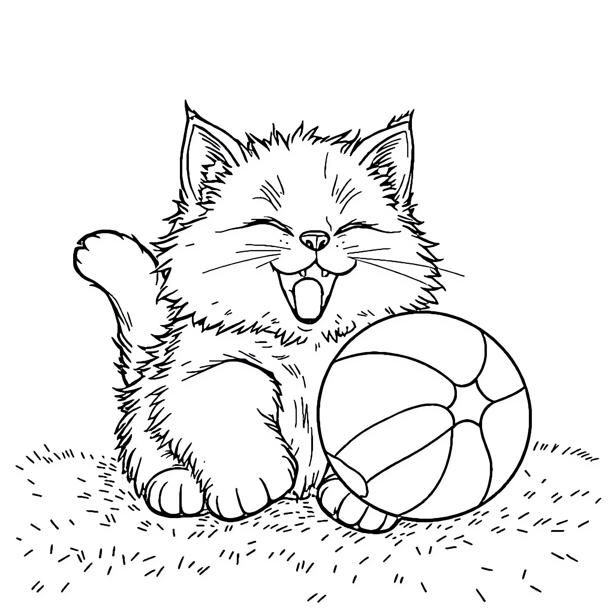 Cat playing with toy ball on grass Coloring Page (free black-and-white line drawing printable PDF for all, from beginners to advanced learners, including children, teens, adults, and seniors)