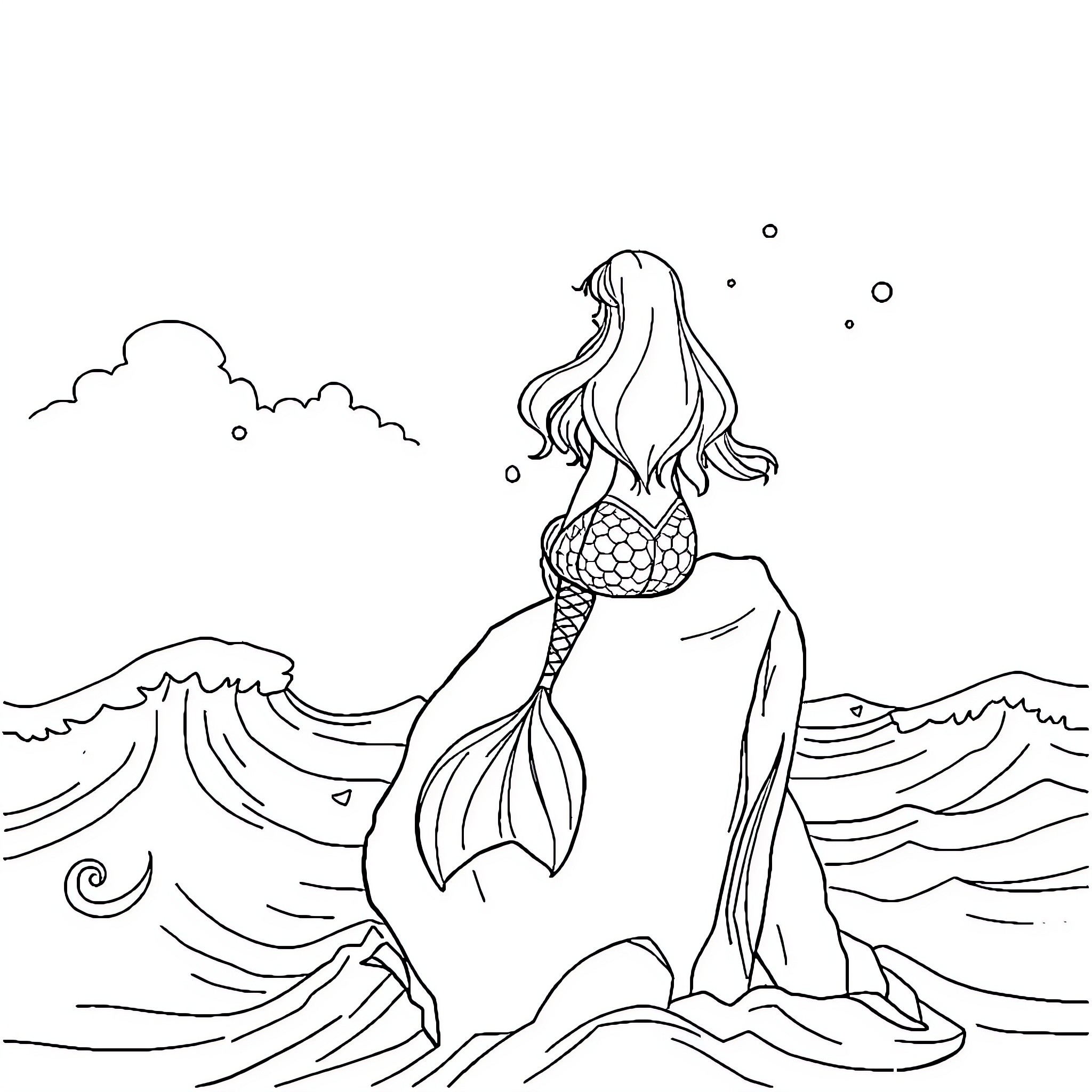Ariel the Mermaid Gazing at the Sea Coloring Page (free black-and-white line drawing printable PDF for all, from beginners to advanced learners, including children, teens, adults, and seniors)