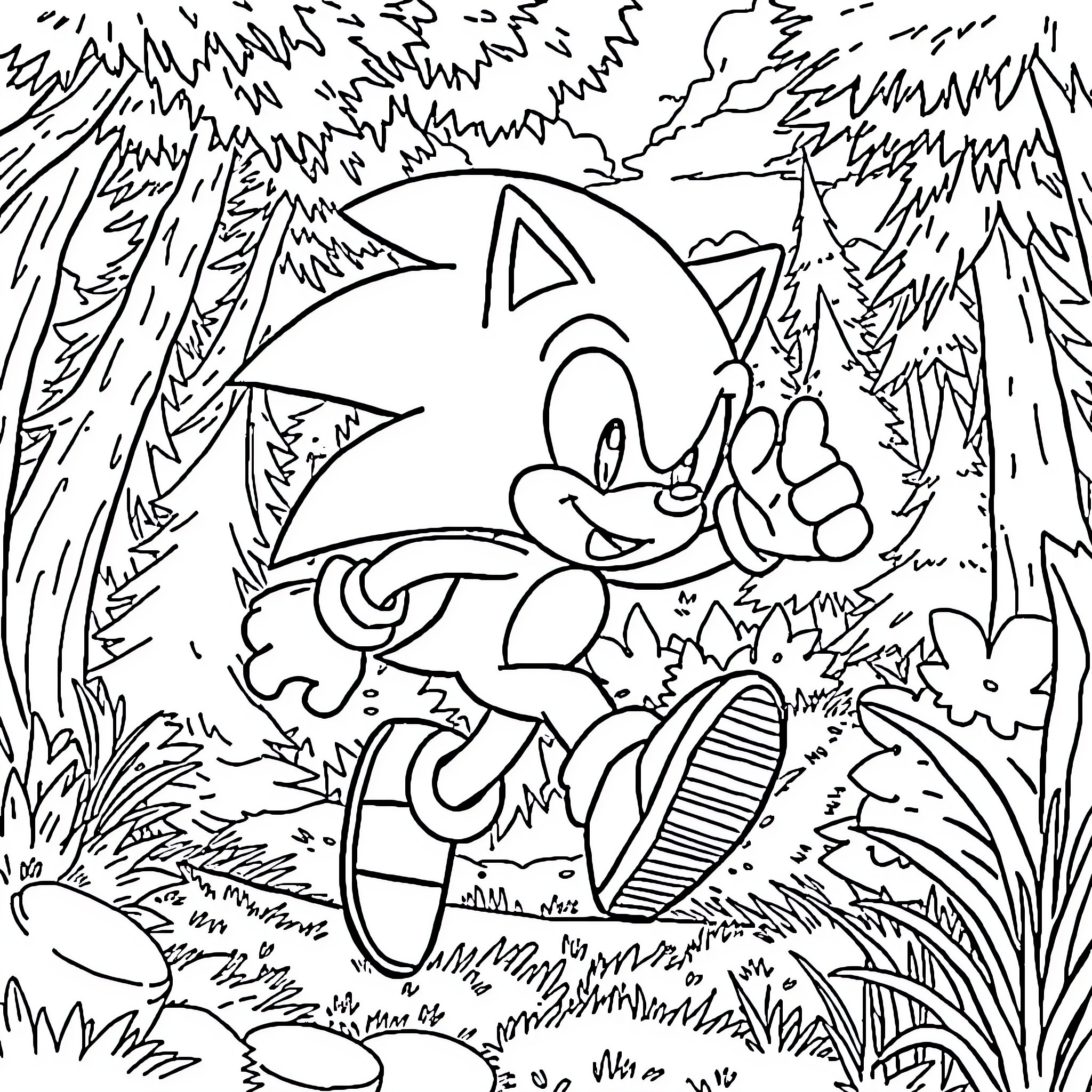 Sonic the Hedgehog running through a forest scene Coloring Page (free black-and-white line drawing printable PDF for all, from beginners to advanced learners, including children, teens, adults, and seniors)