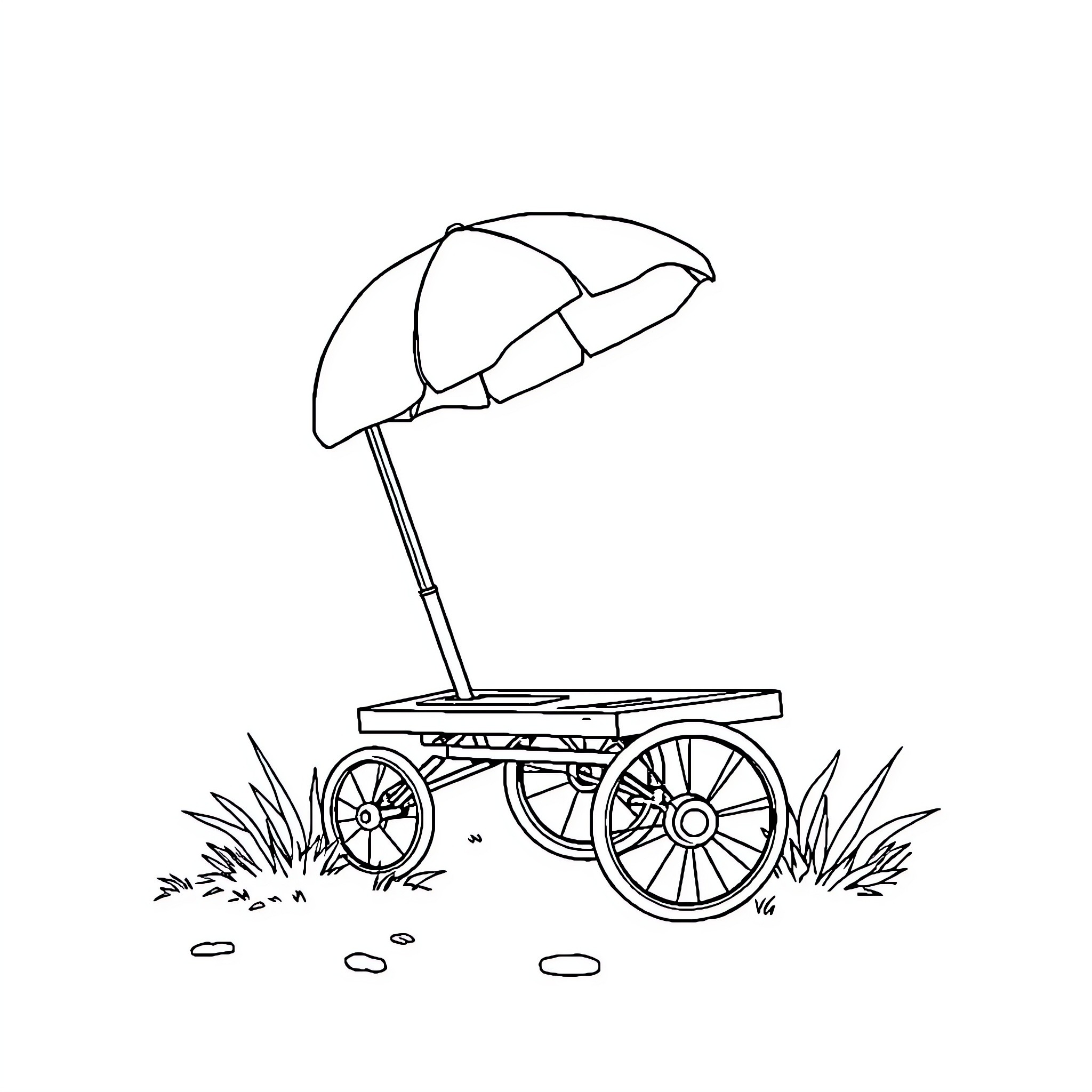 Silla de Ruedas with Shade on Grassy Terrain Coloring Page (free black-and-white line drawing printable PDF for all, from beginners to advanced learners, including children, teens, adults, and seniors)