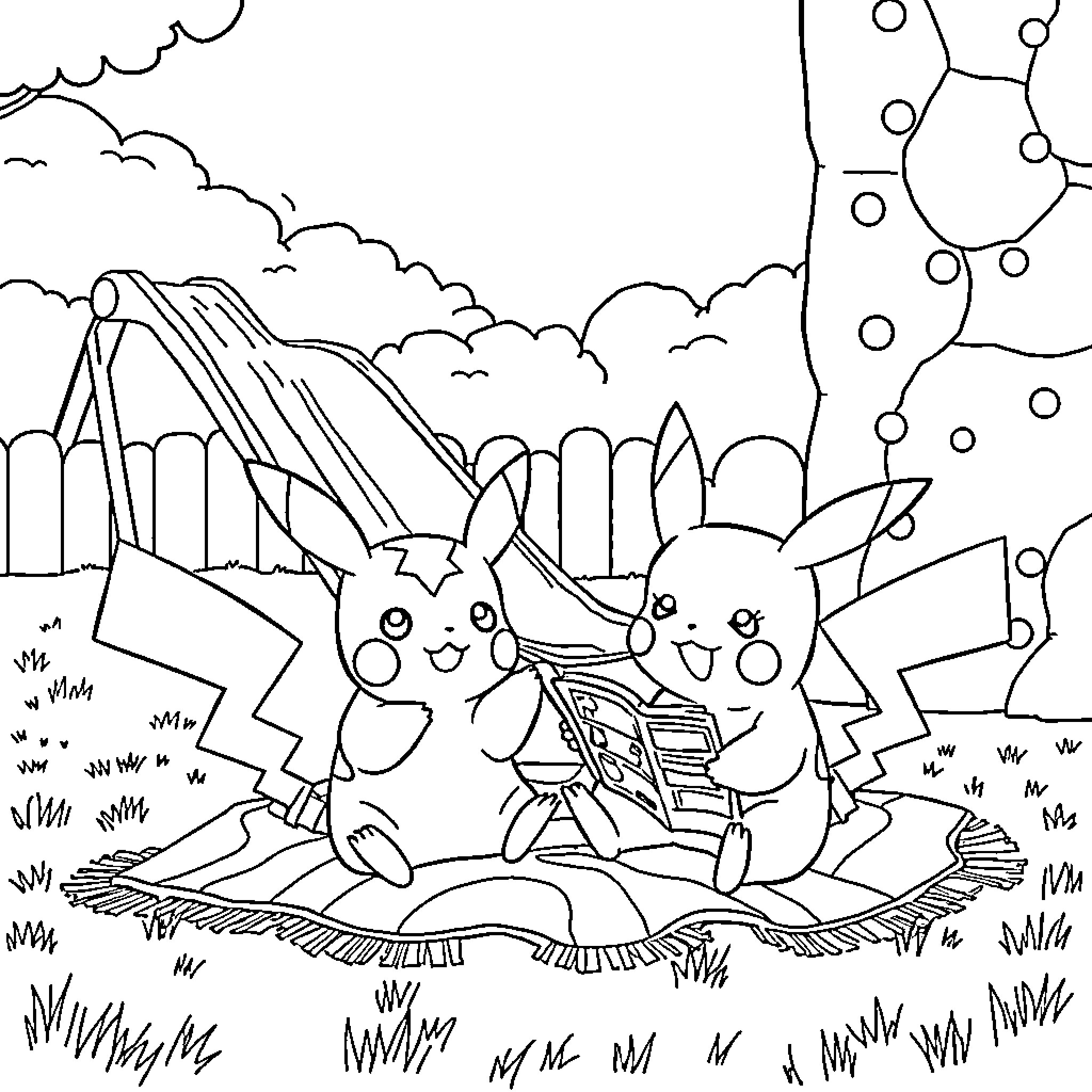 Pikachu Enjoying Nature with Friends Coloring Page (free black-and-white line drawing printable PDF for all, from beginners to advanced learners, including children, teens, adults, and seniors)
