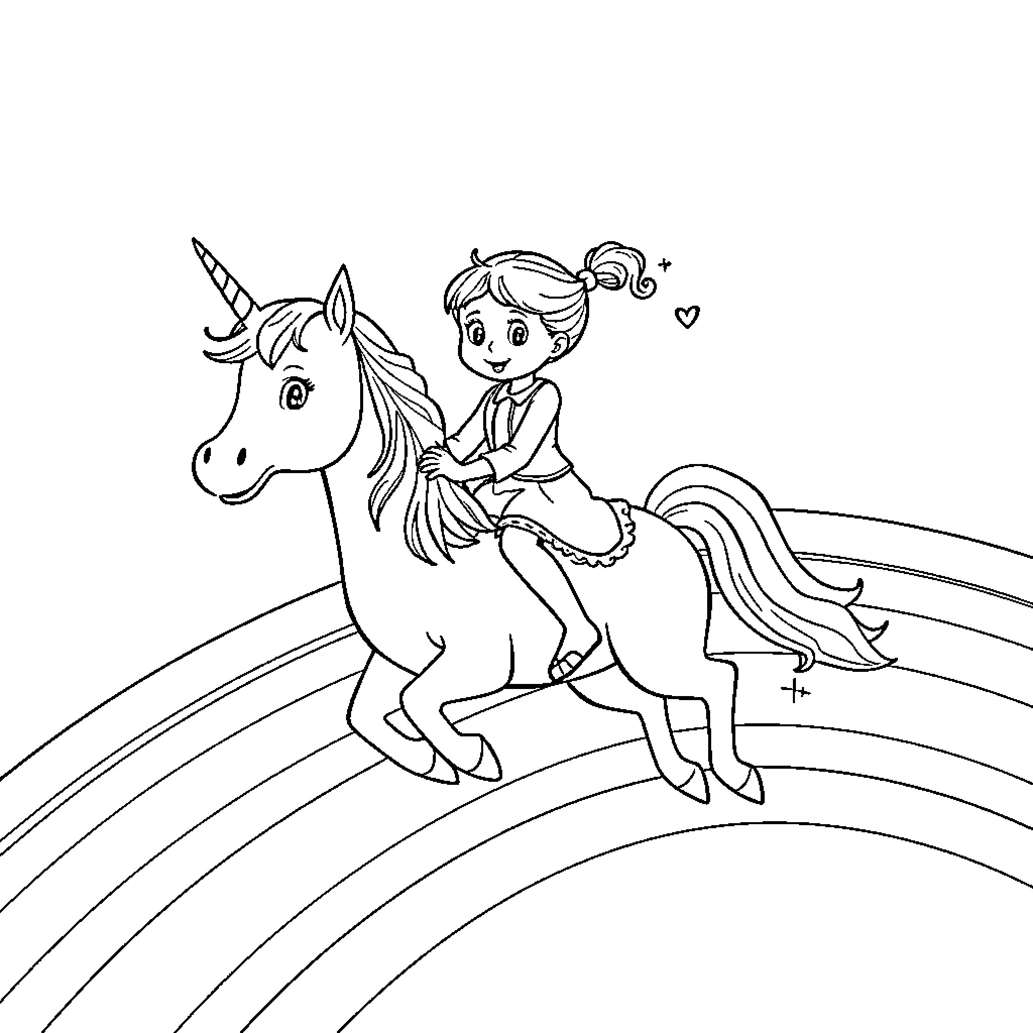 Girl Riding a Magical Unicorn on Rainbow Coloring Page (free black-and-white line drawing printable PDF for all, from beginners to advanced learners, including children, teens, adults, and seniors)