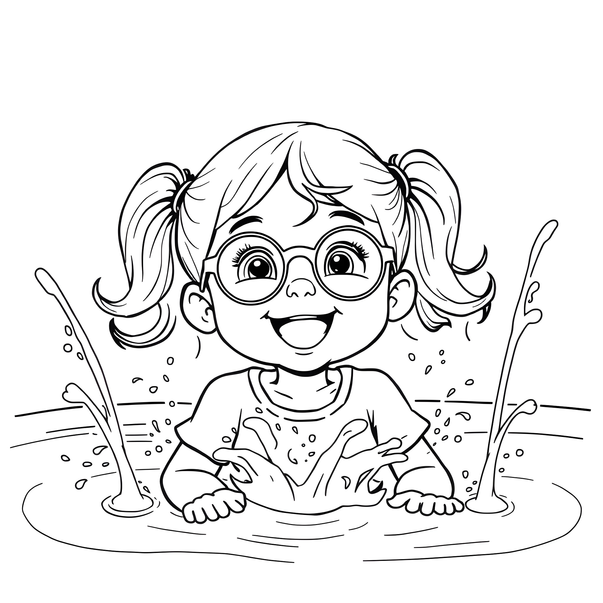 Toddler splashing and playing in water joyfully Coloring Page (free black-and-white line drawing printable PDF for all, from beginners to advanced learners, including children, teens, adults, and seniors)