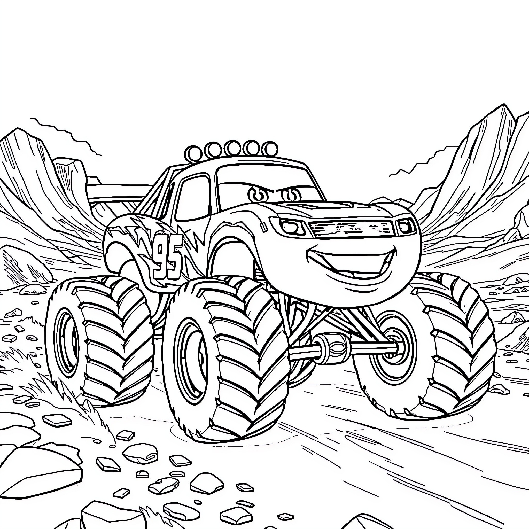 Lightning McQueen Monster Truck Adventure in the Mountains Coloring Page (free black-and-white line drawing printable PDF for all, from beginners to advanced learners, including children, teens, adults, and seniors)