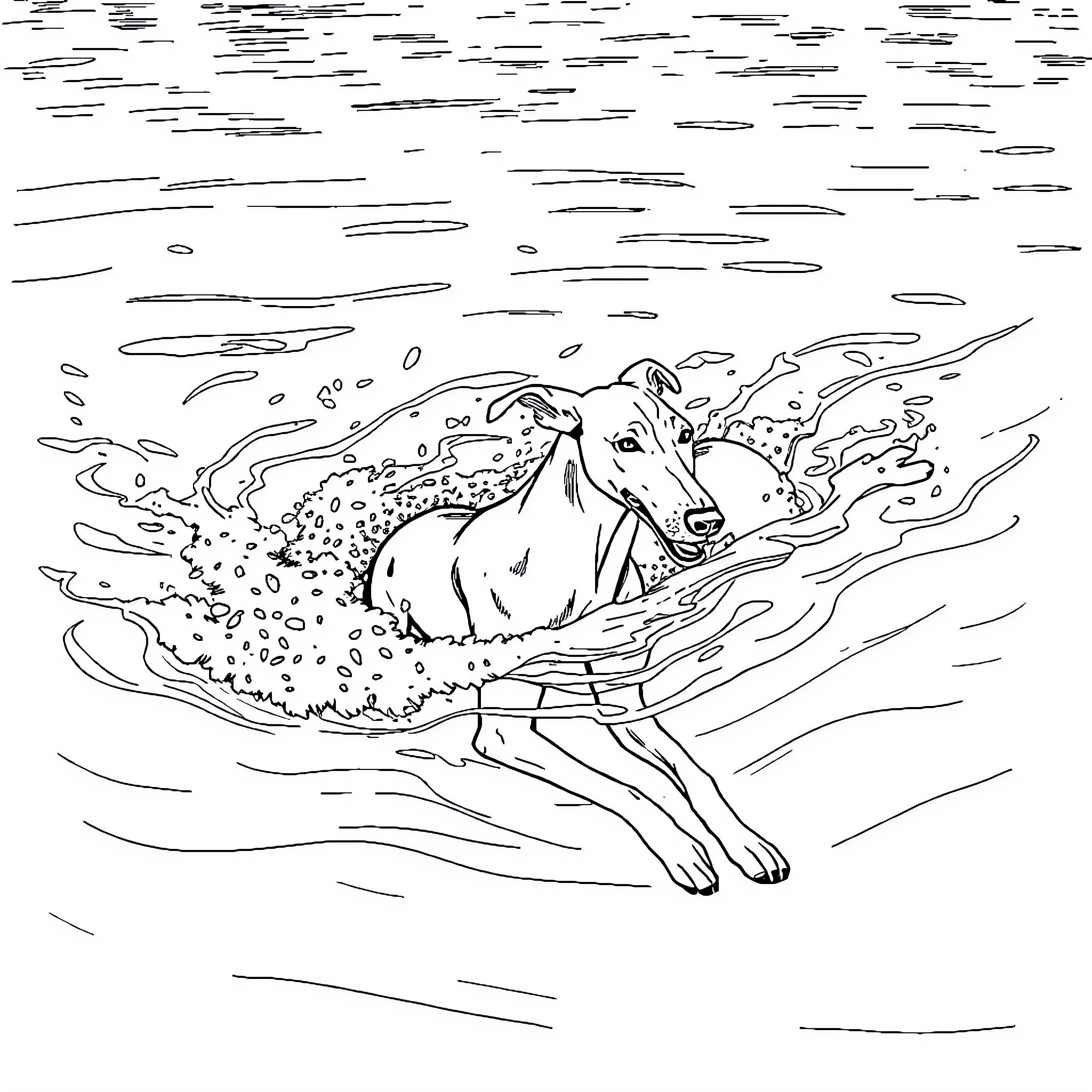 Greyhound racing through the waves Coloring Page (free black-and-white line drawing printable PDF for all, from beginners to advanced learners, including children, teens, adults, and seniors)