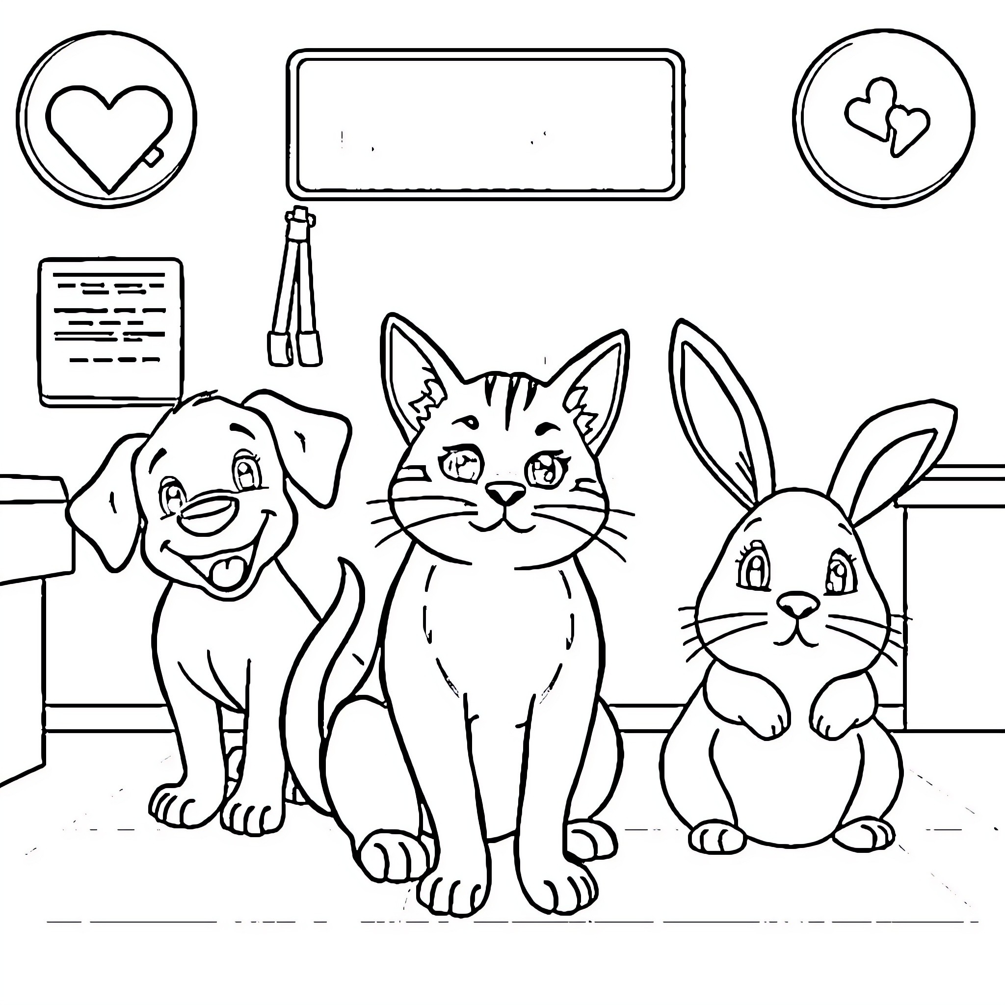 Animal friends in a cheerful scene Coloring Page (free black-and-white line drawing printable PDF for all, from beginners to advanced learners, including children, teens, adults, and seniors)