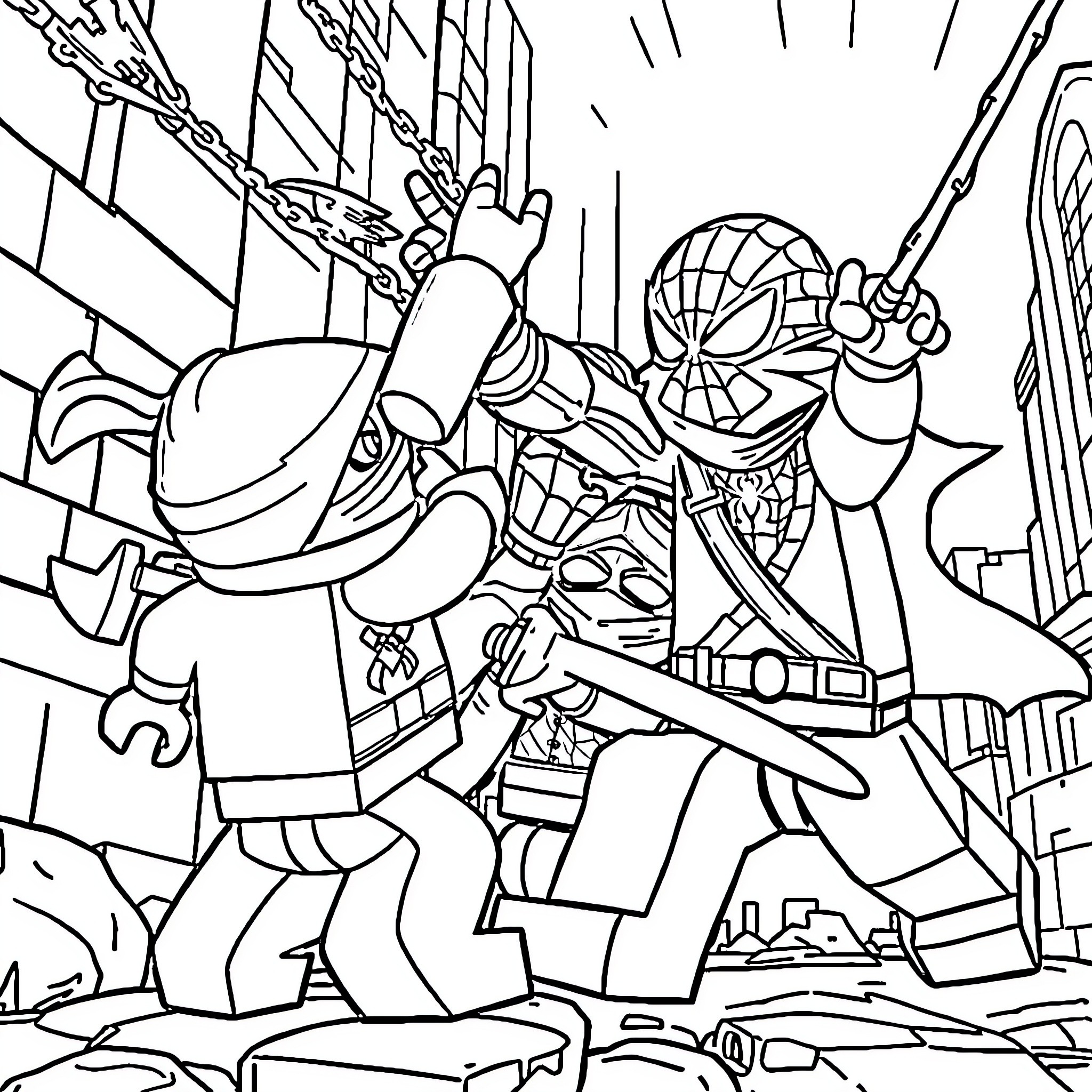 Ninja Superheroes Battling in the City Coloring Page (free black-and-white line drawing printable PDF for all, from beginners to advanced learners, including children, teens, adults, and seniors)