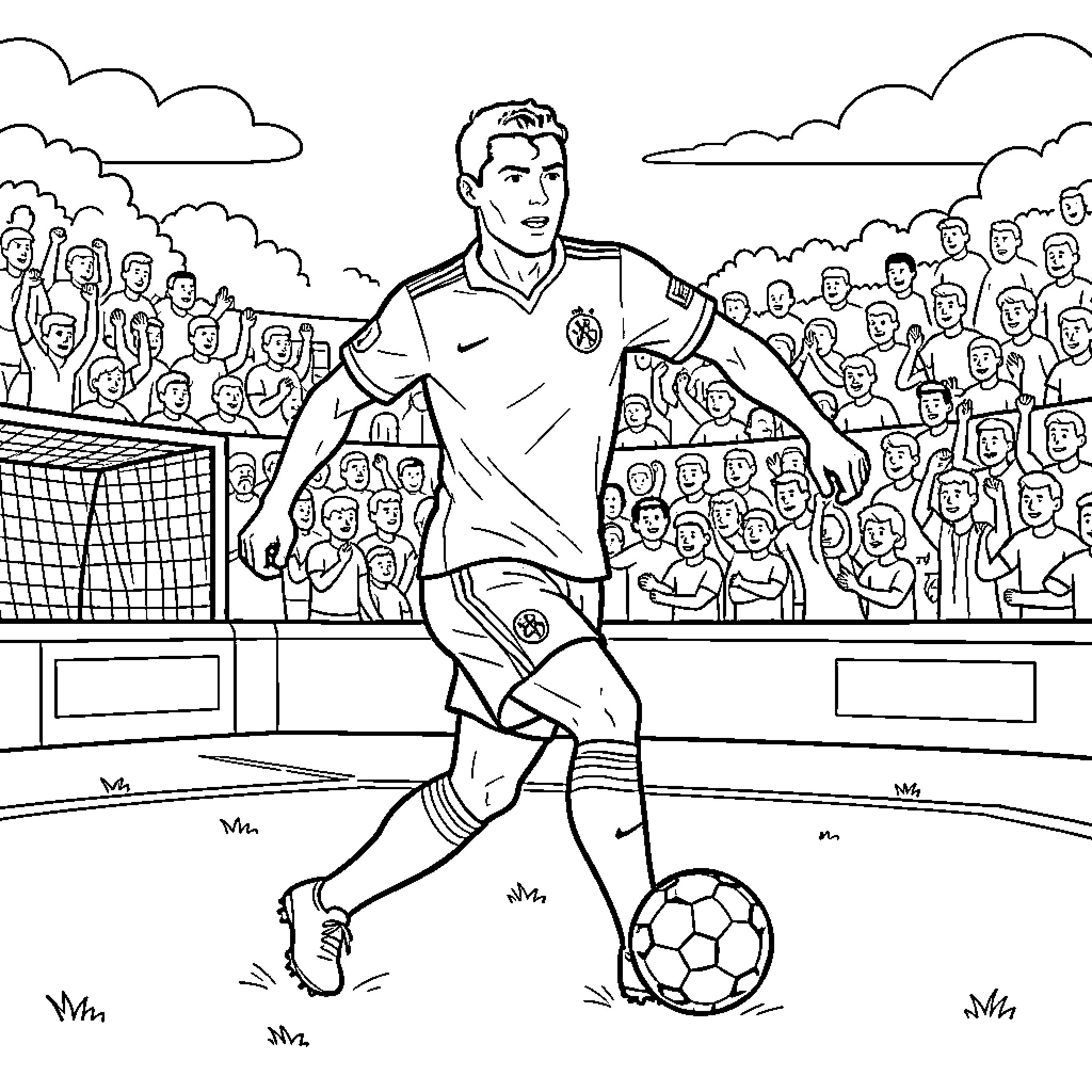 Ronaldo dribbling a soccer ball in a stadium Coloring Page (free black-and-white line drawing printable PDF for all, from beginners to advanced learners, including children, teens, adults, and seniors)