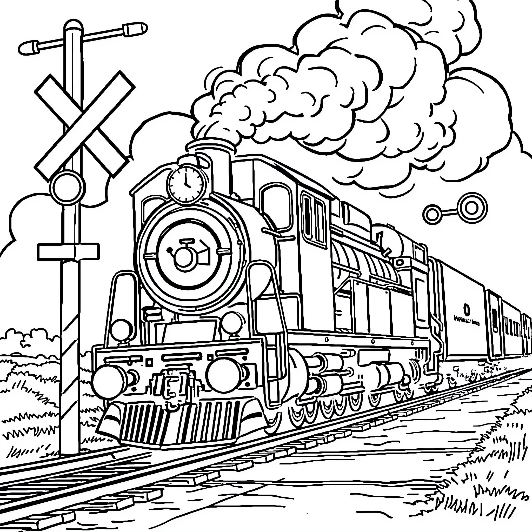 Train traveling through the countryside Coloring Page (free black-and-white line drawing printable PDF for all, from beginners to advanced learners, including children, teens, adults, and seniors)