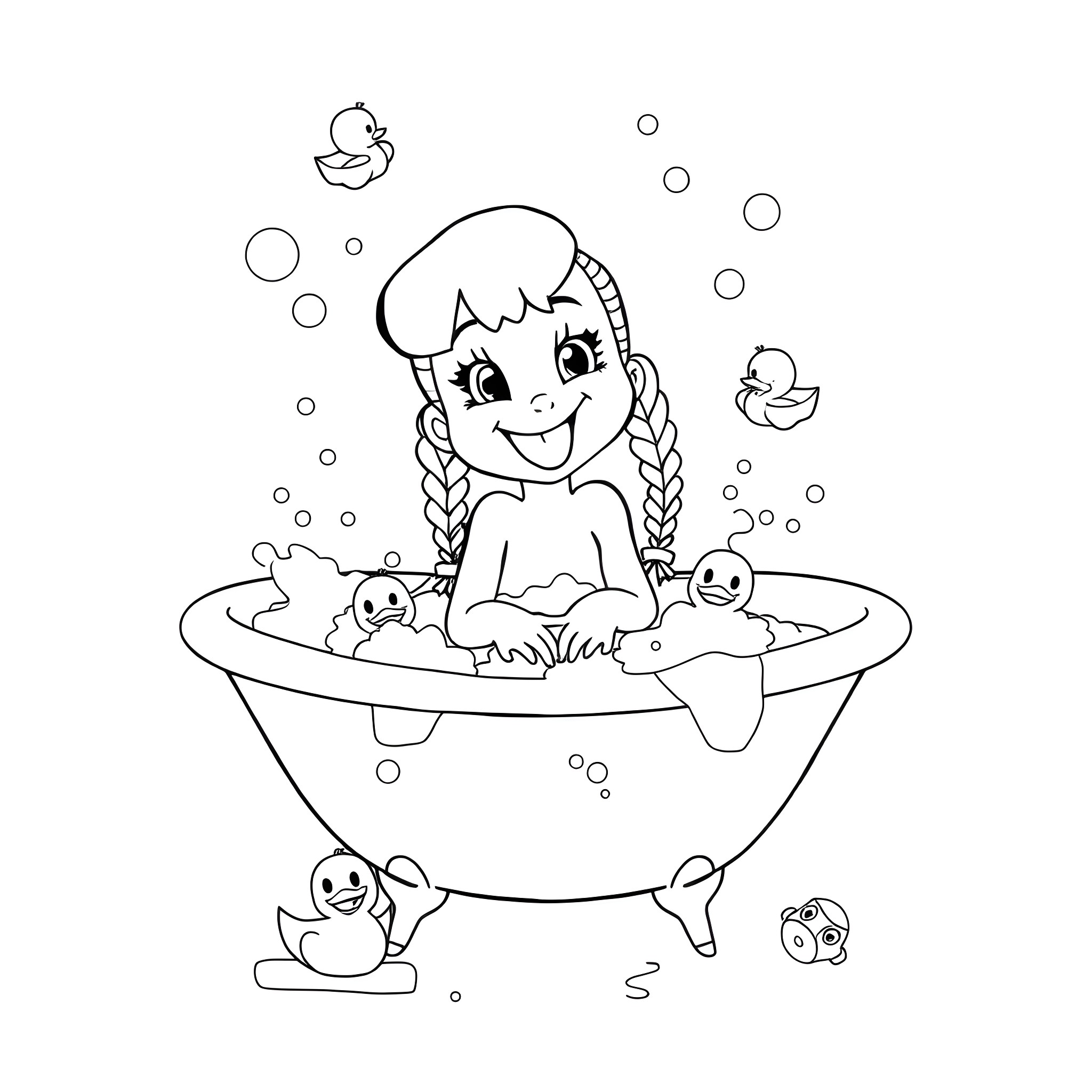 Pippy Long Stockings enjoying a bubble bath with friends Coloring Page (free black-and-white line drawing printable PDF for all, from beginners to advanced learners, including children, teens, adults, and seniors)