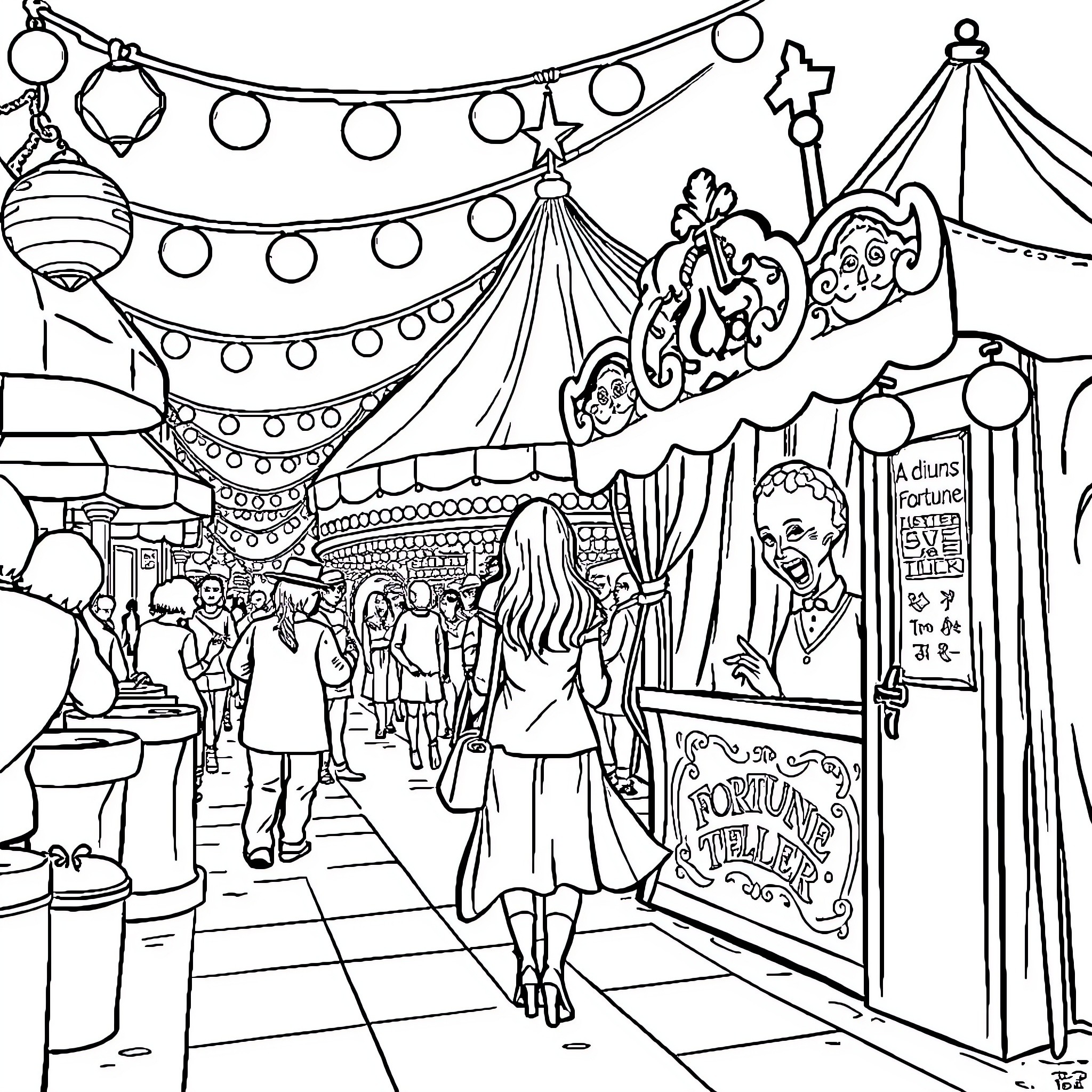 Woman exploring a vibrant carnival scene Coloring Page (free black-and-white line drawing printable PDF for all, from beginners to advanced learners, including children, teens, adults, and seniors)
