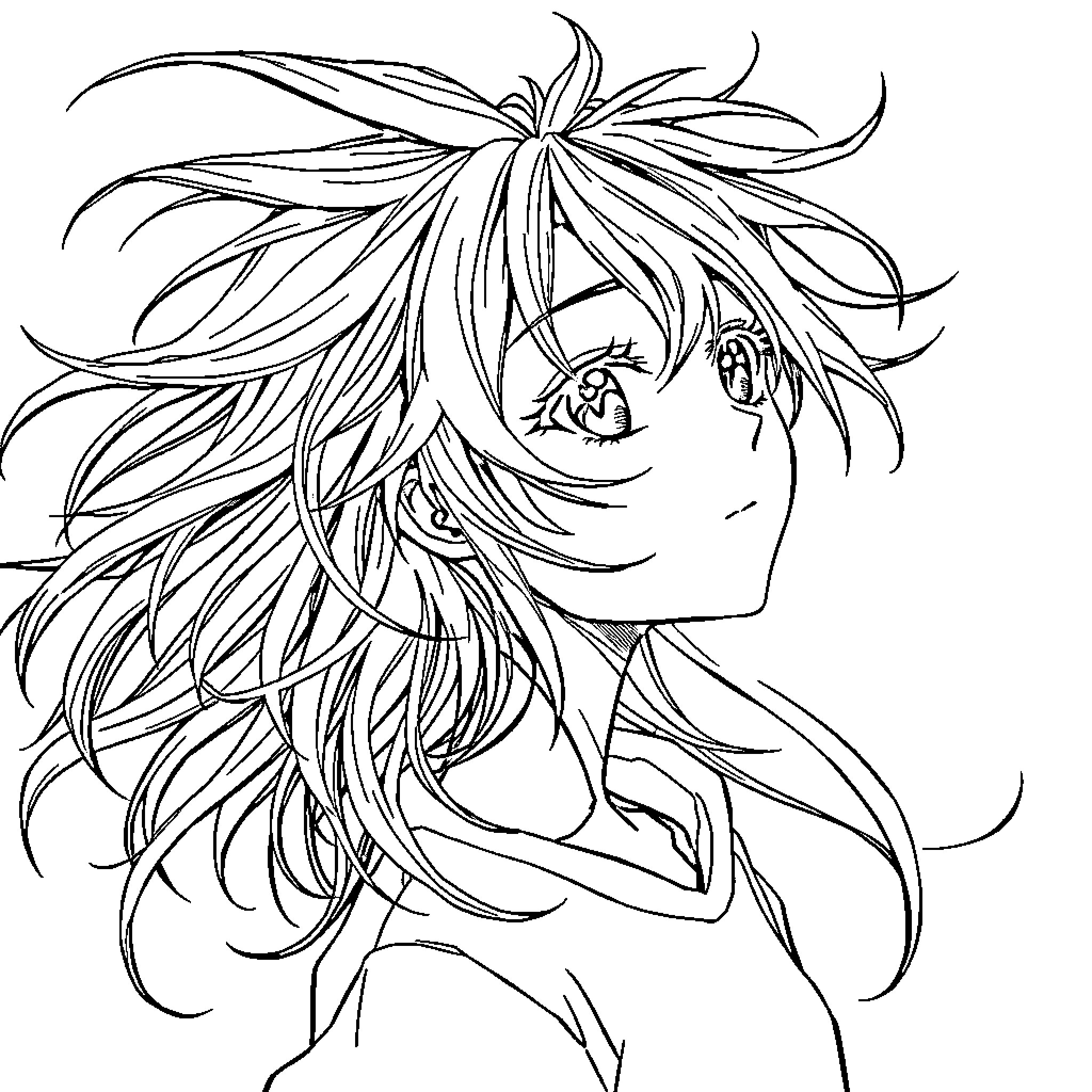 Anime Character with Flowing Hair and Expressive Eyes Coloring Page (free black-and-white line drawing printable PDF for all, from beginners to advanced learners, including children, teens, adults, and seniors)