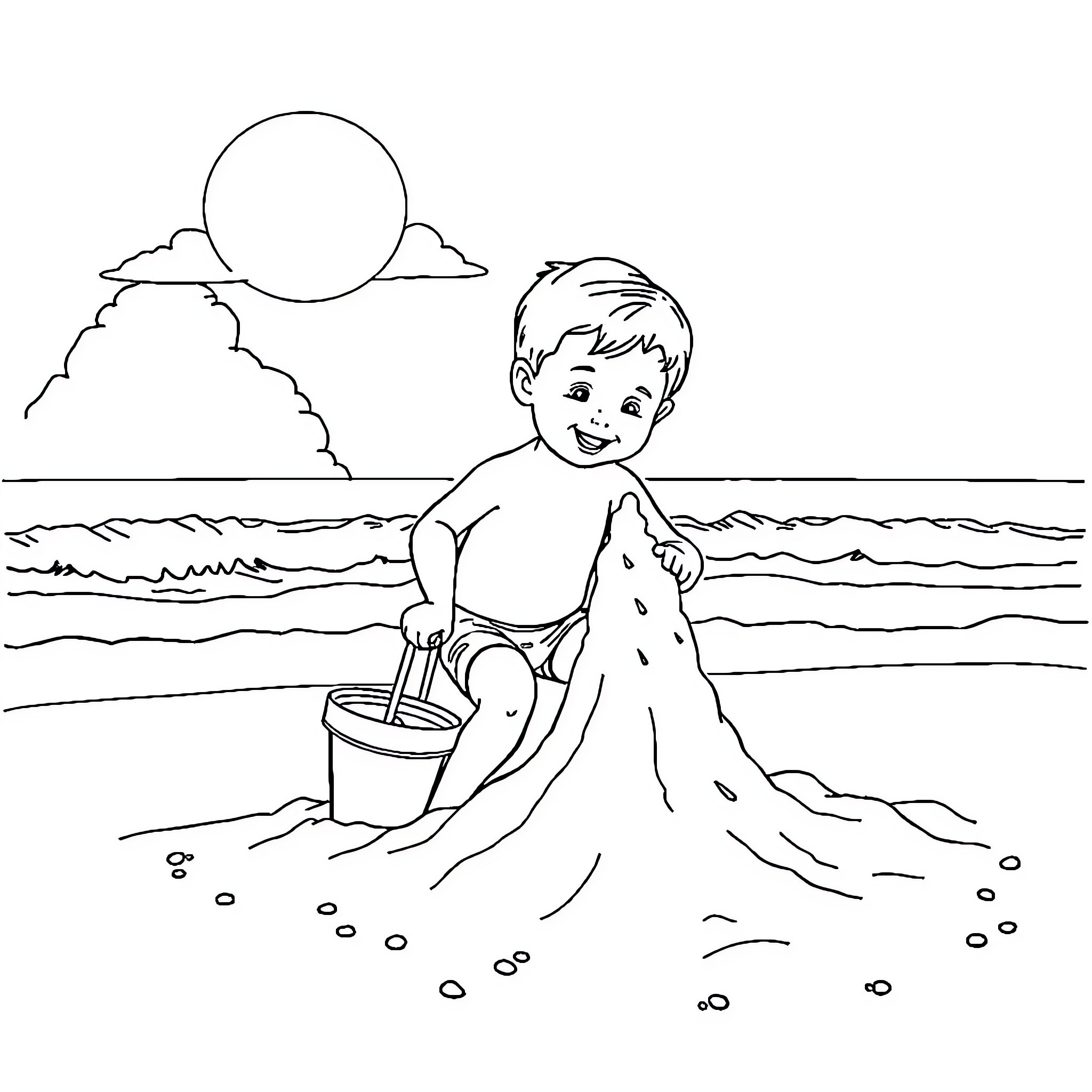 Character playing happily at the beach Coloring Page (free black-and-white line drawing printable PDF for all, from beginners to advanced learners, including children, teens, adults, and seniors)