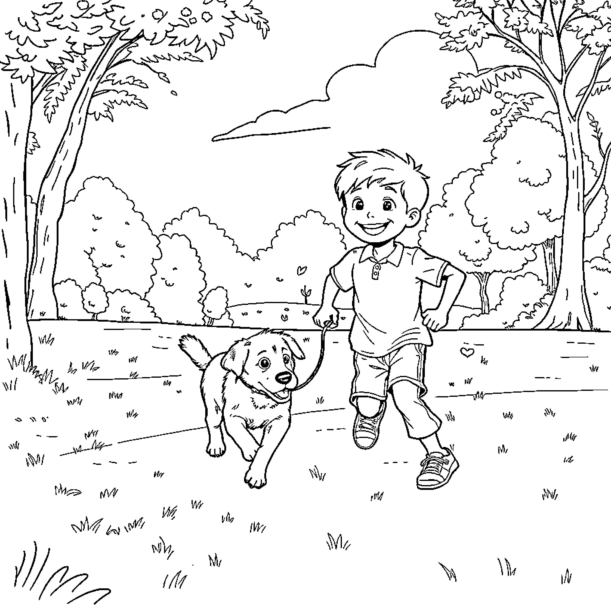 Kid playing with dog in forest Coloring Page (free black-and-white line drawing printable PDF for all, from beginners to advanced learners, including children, teens, adults, and seniors)