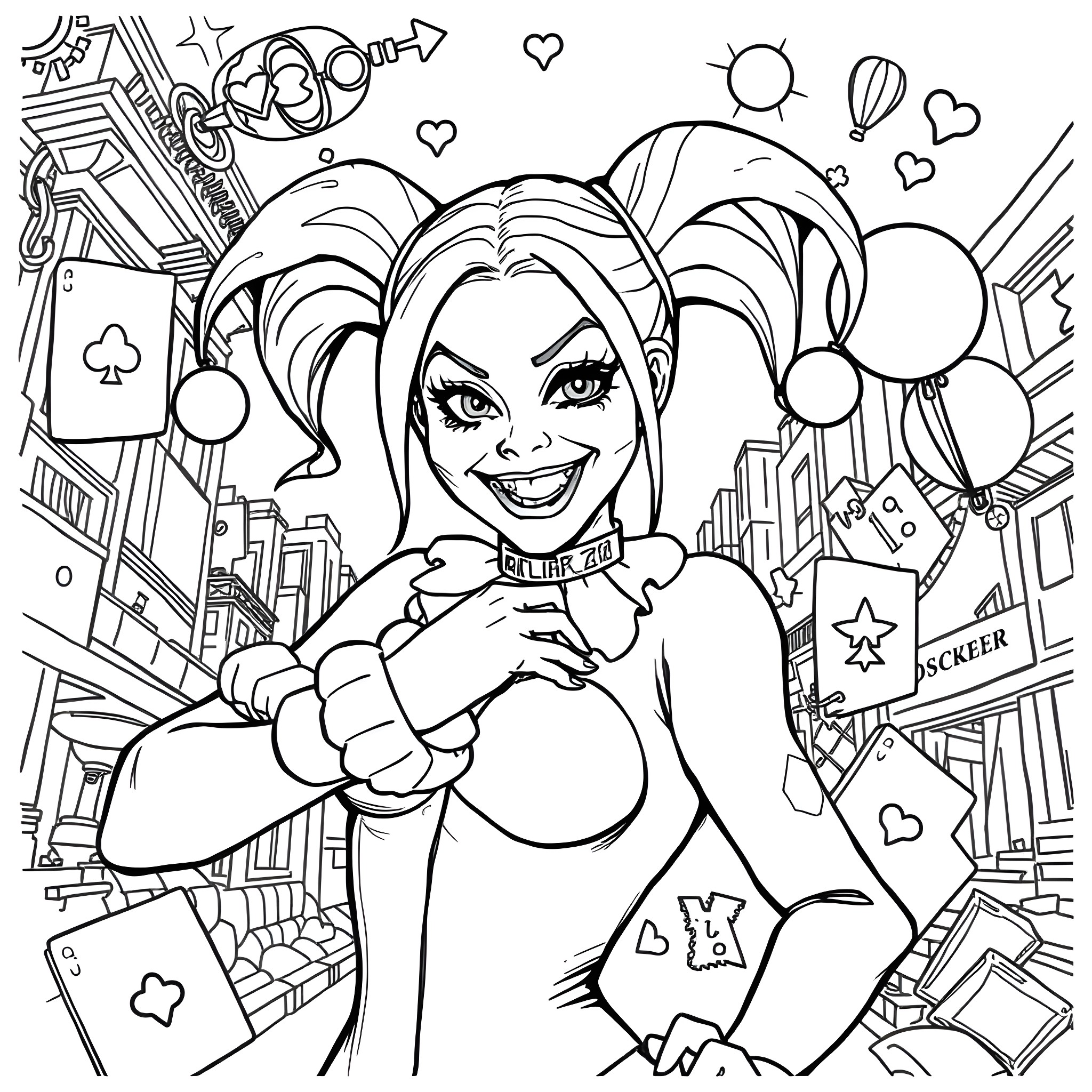 Harley Quinn's Playful Antics in the City Coloring Page (free black-and-white line drawing printable PDF for all, from beginners to advanced learners, including children, teens, adults, and seniors)
