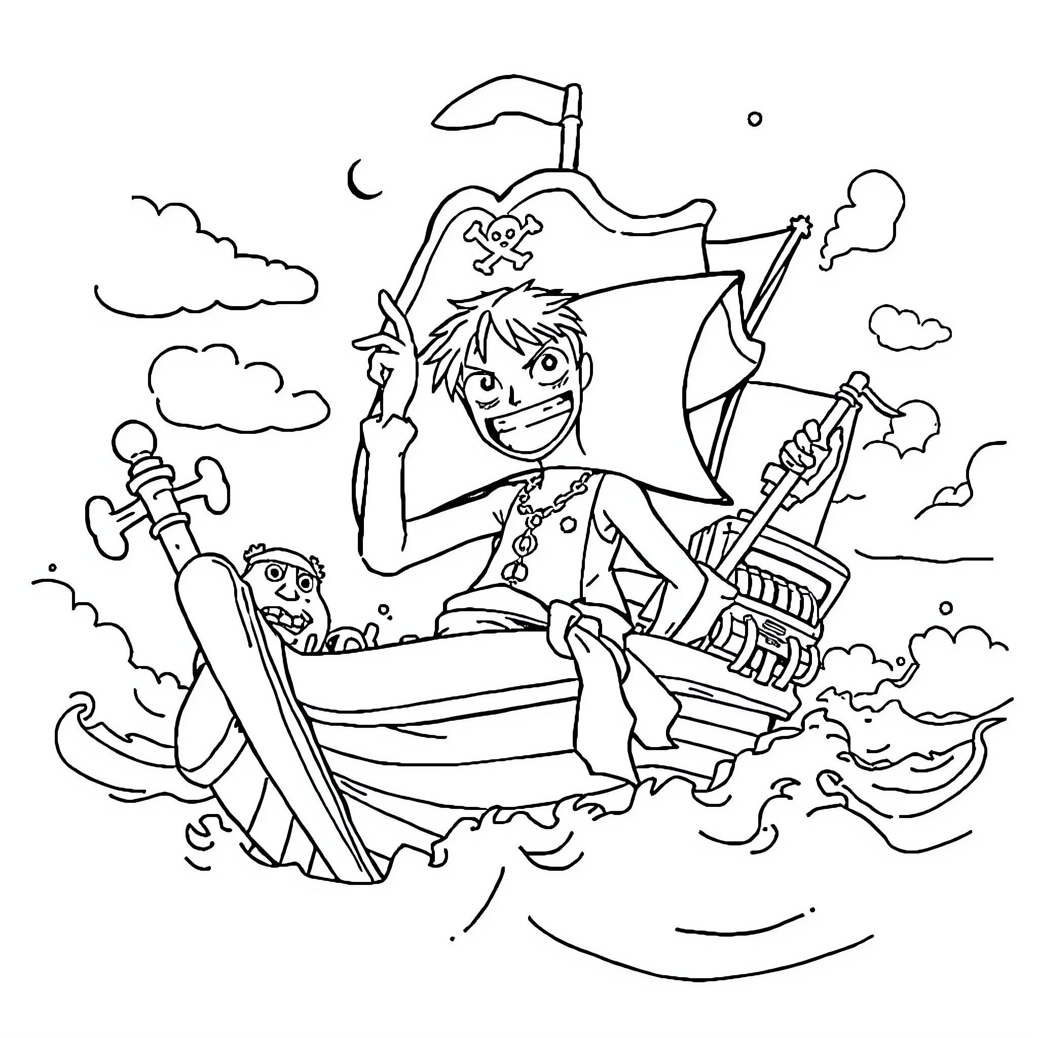 One Piece Pirate Ship Adventure Coloring Page (free black-and-white line drawing printable PDF for all, from beginners to advanced learners, including children, teens, adults, and seniors)