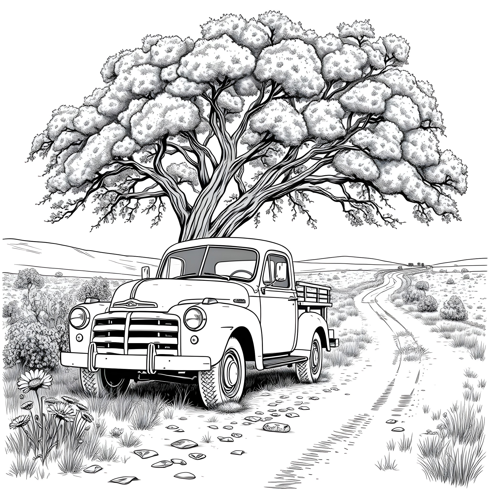 Truck parked under a large blossoming tree in the countryside Coloring Page (free black-and-white line drawing printable PDF for all, from beginners to advanced learners, including children, teens, adults, and seniors)