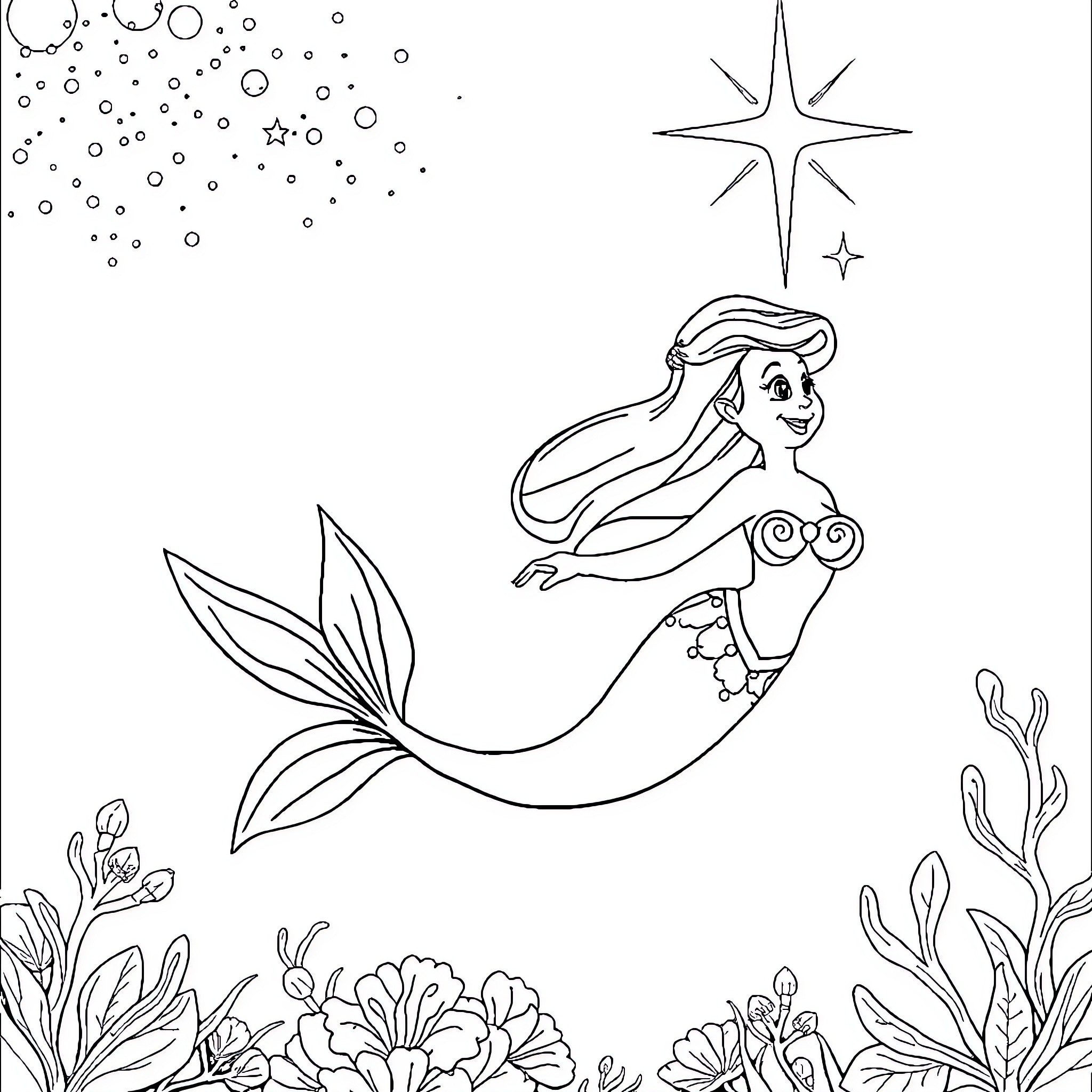 Mermaid swimming joyfully in the magical sea Coloring Page (free black-and-white line drawing printable PDF for all, from beginners to advanced learners, including children, teens, adults, and seniors)