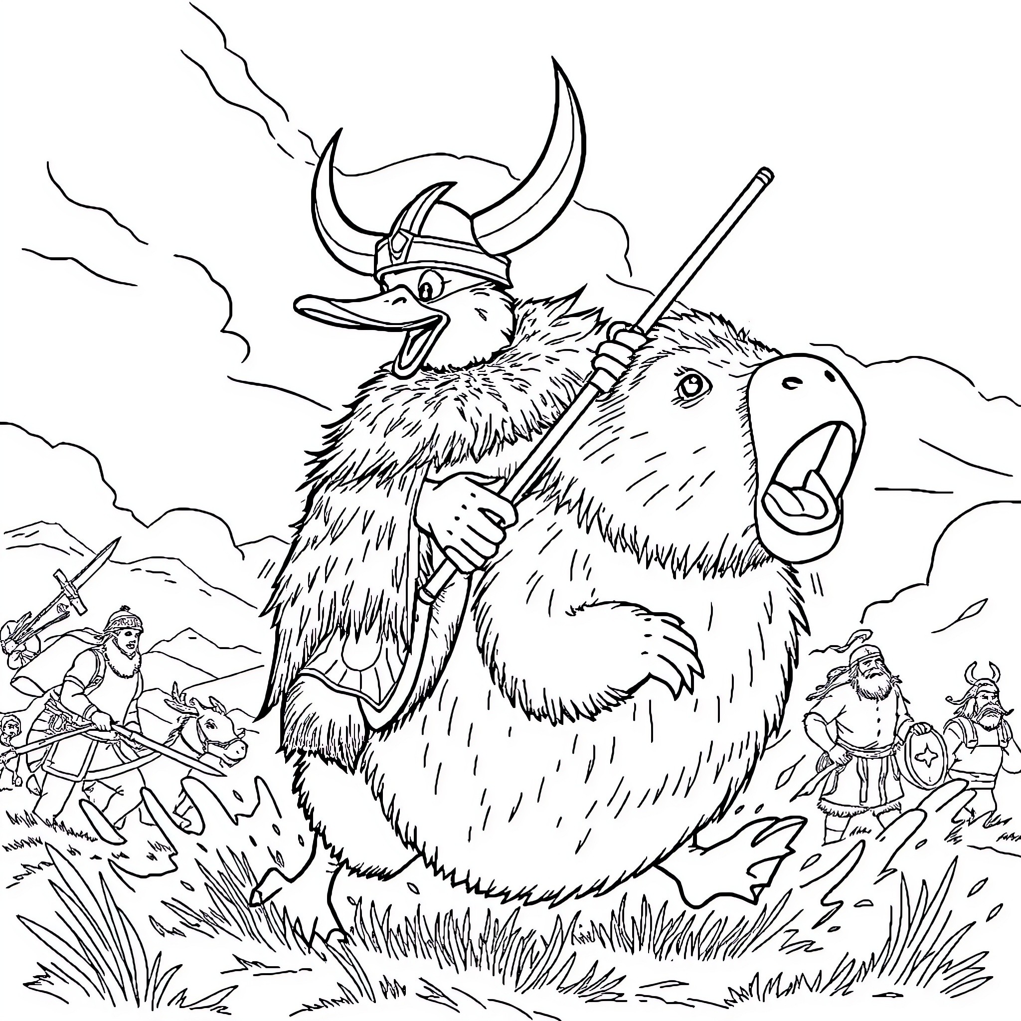 Duck Viking leading furry troops in battle Coloring Page (free black-and-white line drawing printable PDF for all, from beginners to advanced learners, including children, teens, adults, and seniors)