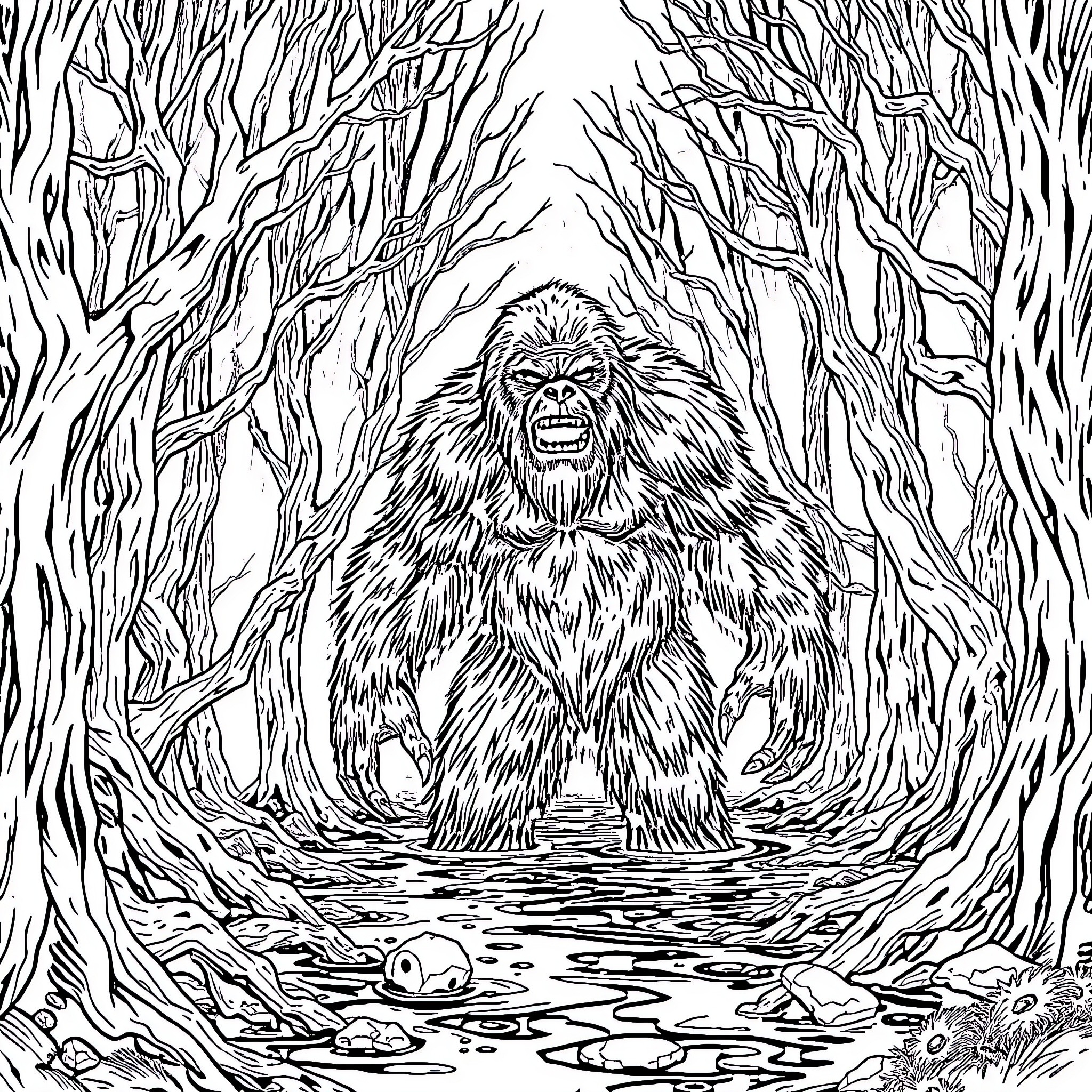 Sasquatch roaring in the dark forest Coloring Page (free black-and-white line drawing printable PDF for all, from beginners to advanced learners, including children, teens, adults, and seniors)