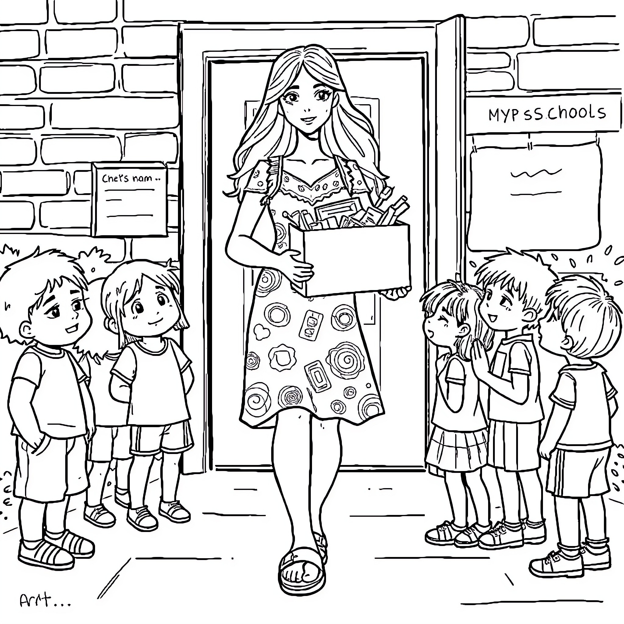 Teacher Helping Students with Supplies Coloring Page (free black-and-white line drawing printable PDF for all, from beginners to advanced learners, including children, teens, adults, and seniors)